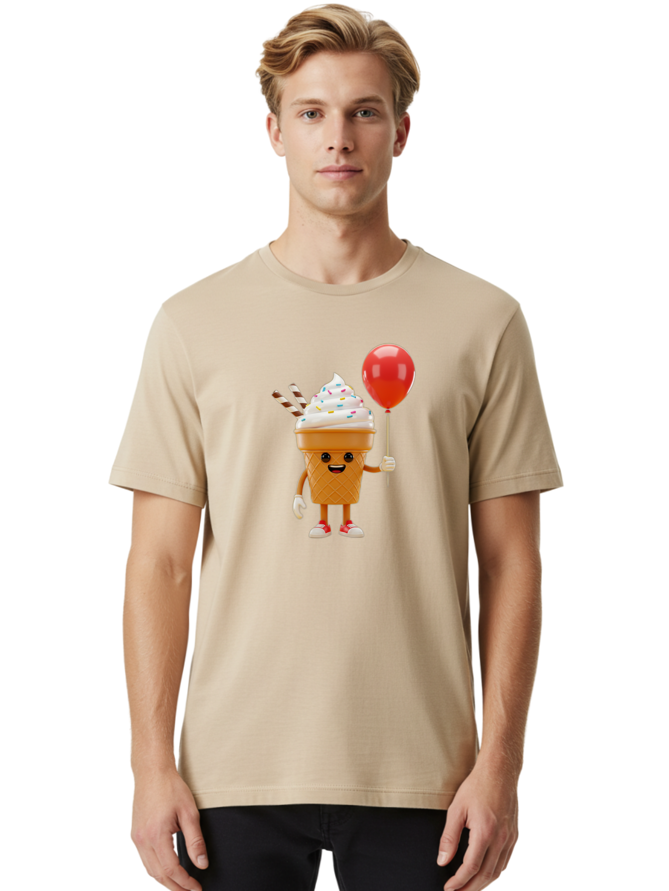 Ice-Cream-Cone-2 Men'S Graphic Tee, 100% Cotton, Comfortable Casual Summer Wear, Machine Washable, Ice Cream Cone With Face, Cartoon Character, Whipped Cream, Sprinkles, Red Balloon, Party Theme, Funny Illustration, Colorful Dessert, Baa863