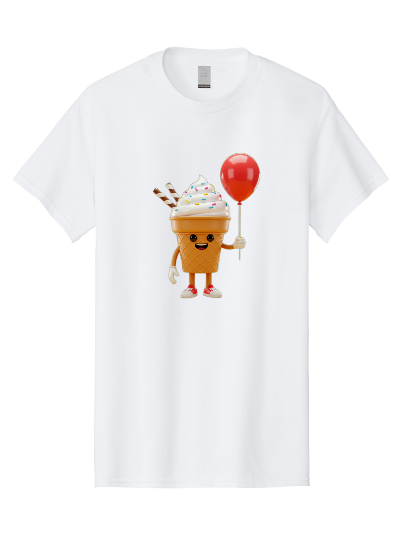 Ice-Cream-Cone-2 Men'S Graphic Tee, 100% Cotton, Comfortable Casual Summer Wear, Machine Washable, Ice Cream Cone With Face, Cartoon Character, Whipped Cream, Sprinkles, Red Balloon, Party Theme, Funny Illustration, Colorful Dessert, Baa863