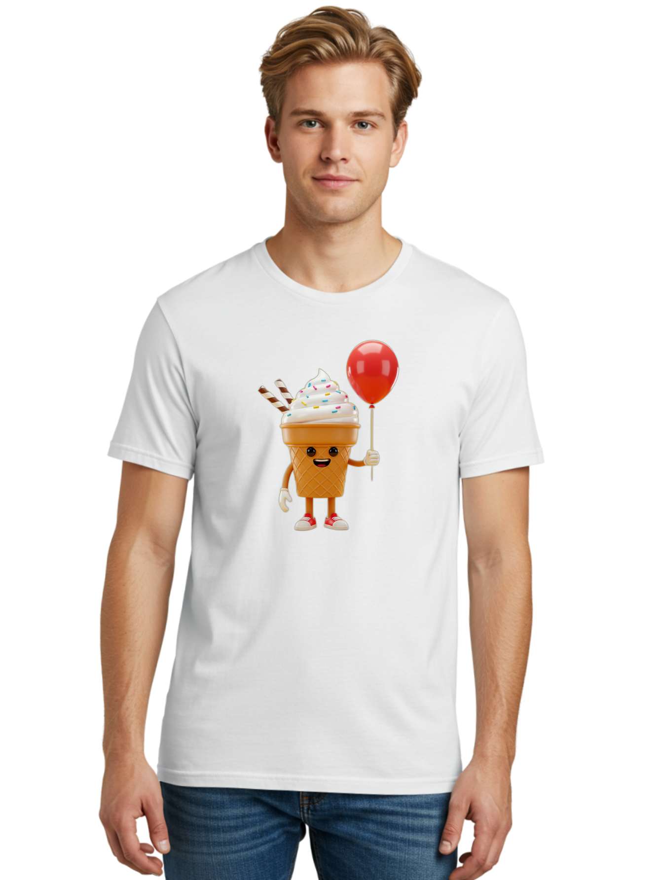 Ice-Cream-Cone-2 Men'S Graphic Tee, 100% Cotton, Comfortable Casual Summer Wear, Machine Washable, Ice Cream Cone With Face, Cartoon Character, Whipped Cream, Sprinkles, Red Balloon, Party Theme, Funny Illustration, Colorful Dessert, Baa863