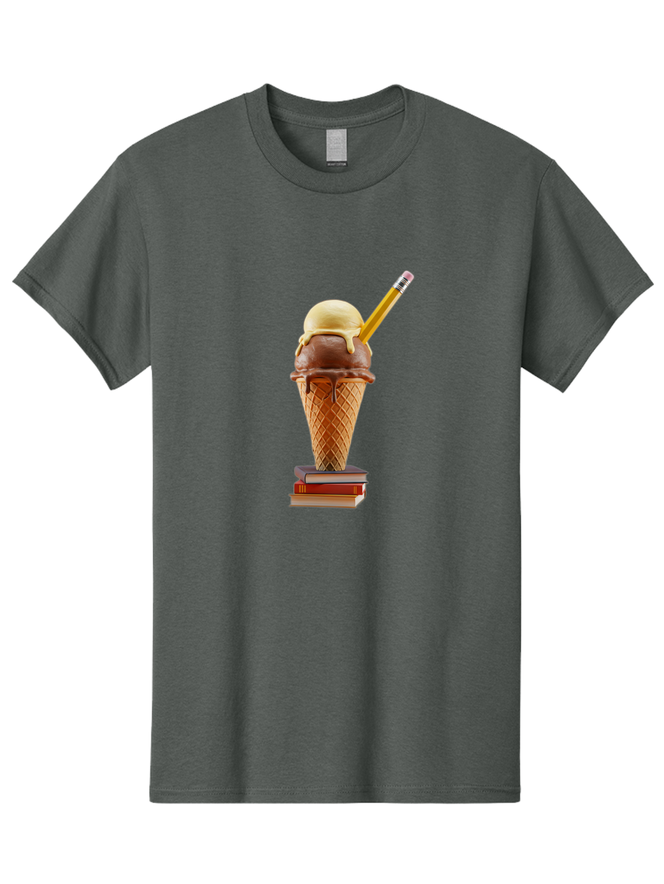 Ice-Cream-Cone-5 Men'S Graphic Tee, 100% Cotton, Comfortable Casual Summer Wear, Machine Washable, Ice Cream Cone With Melting Ice Cream, Chocolate And Vanilla Flavors, Waffle Cone, Pencil Stuck In The Ice Cream, Stack Of Books, Baa866