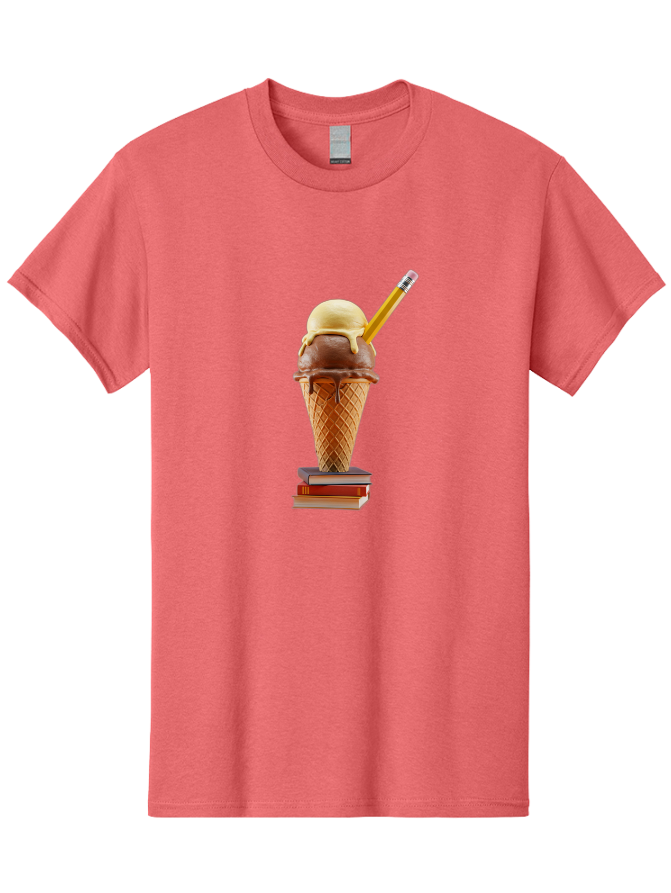 Ice-Cream-Cone-5 Men'S Graphic Tee, 100% Cotton, Comfortable Casual Summer Wear, Machine Washable, Ice Cream Cone With Melting Ice Cream, Chocolate And Vanilla Flavors, Waffle Cone, Pencil Stuck In The Ice Cream, Stack Of Books, Baa866