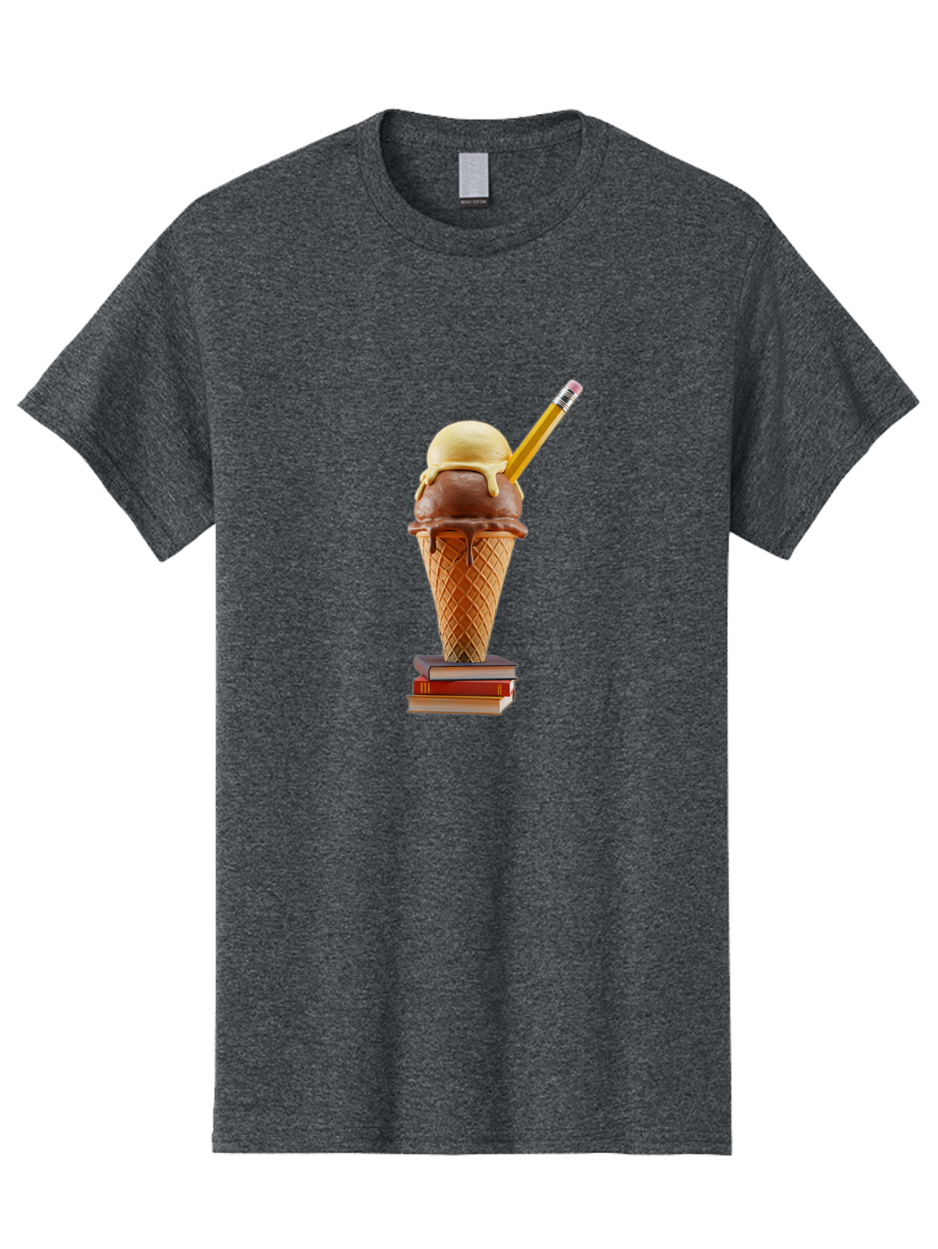 Ice-Cream-Cone-5 Men'S Graphic Tee, 100% Cotton, Comfortable Casual Summer Wear, Machine Washable, Ice Cream Cone With Melting Ice Cream, Chocolate And Vanilla Flavors, Waffle Cone, Pencil Stuck In The Ice Cream, Stack Of Books, Baa866