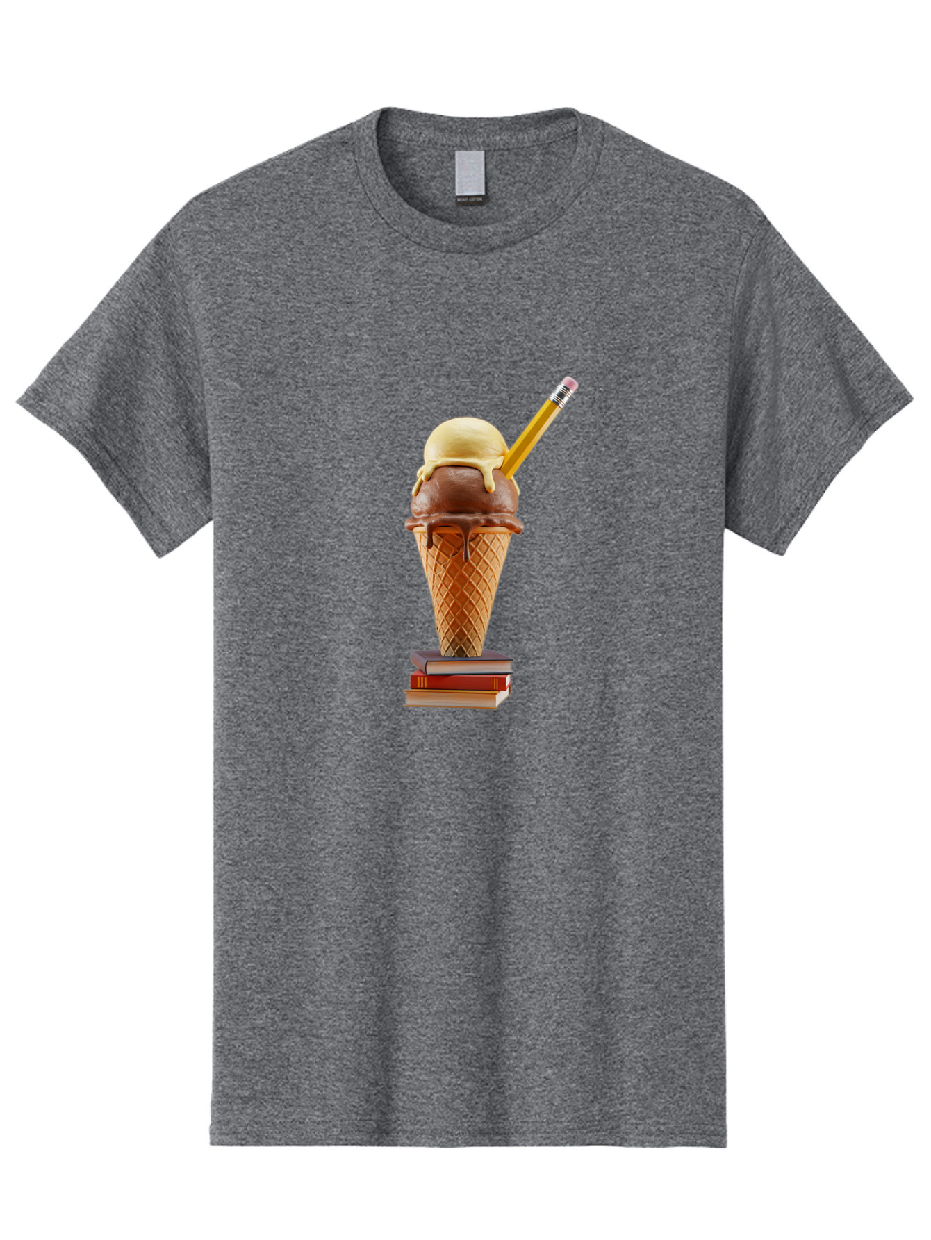 Ice-Cream-Cone-5 Men'S Graphic Tee, 100% Cotton, Comfortable Casual Summer Wear, Machine Washable, Ice Cream Cone With Melting Ice Cream, Chocolate And Vanilla Flavors, Waffle Cone, Pencil Stuck In The Ice Cream, Stack Of Books, Baa866