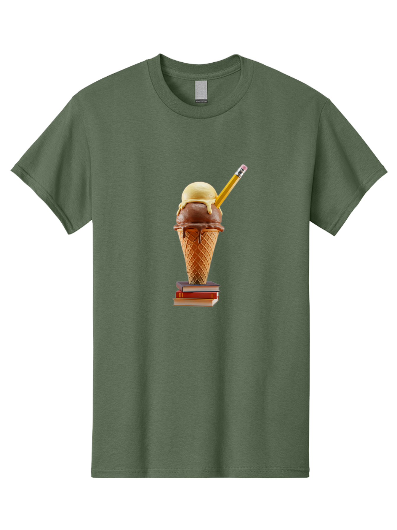 Ice-Cream-Cone-5 Men'S Graphic Tee, 100% Cotton, Comfortable Casual Summer Wear, Machine Washable, Ice Cream Cone With Melting Ice Cream, Chocolate And Vanilla Flavors, Waffle Cone, Pencil Stuck In The Ice Cream, Stack Of Books, Baa866