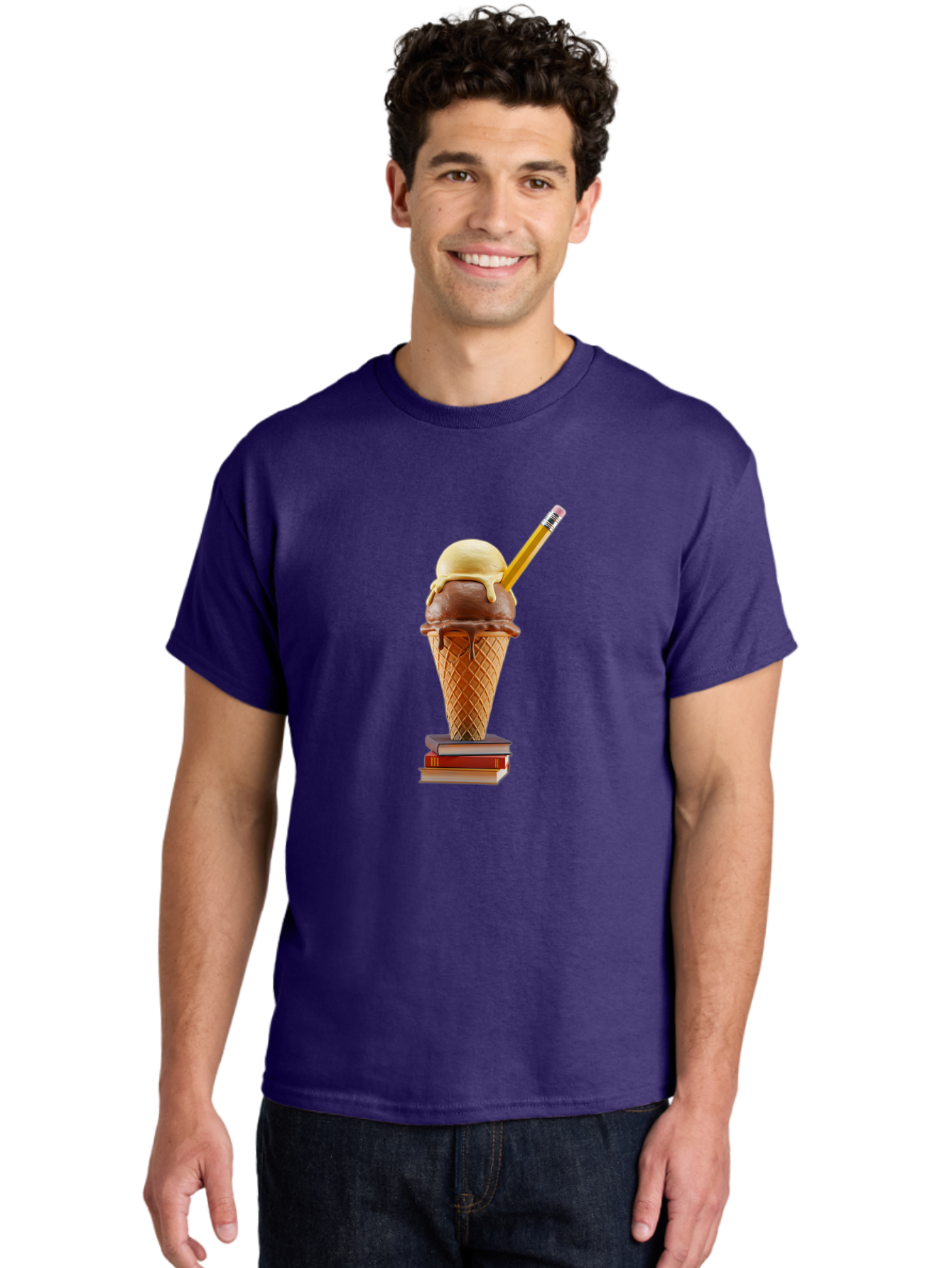 Ice-Cream-Cone-5 Men'S Graphic Tee, 100% Cotton, Comfortable Casual Summer Wear, Machine Washable, Ice Cream Cone With Melting Ice Cream, Chocolate And Vanilla Flavors, Waffle Cone, Pencil Stuck In The Ice Cream, Stack Of Books, Baa866