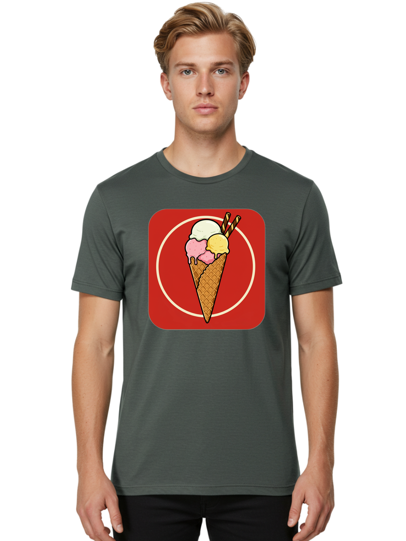 Ice-Cream-Cone-7 Men'S Graphic Tee, 100% Cotton, Comfortable Casual Summer Wear, Machine Washable, Ice Cream Cone, Three Scoops, Waffle Cone, Dessert, Sweet Treats, Colorful Illustration, Ice Cream Lovers, Tasty Delights Baa868