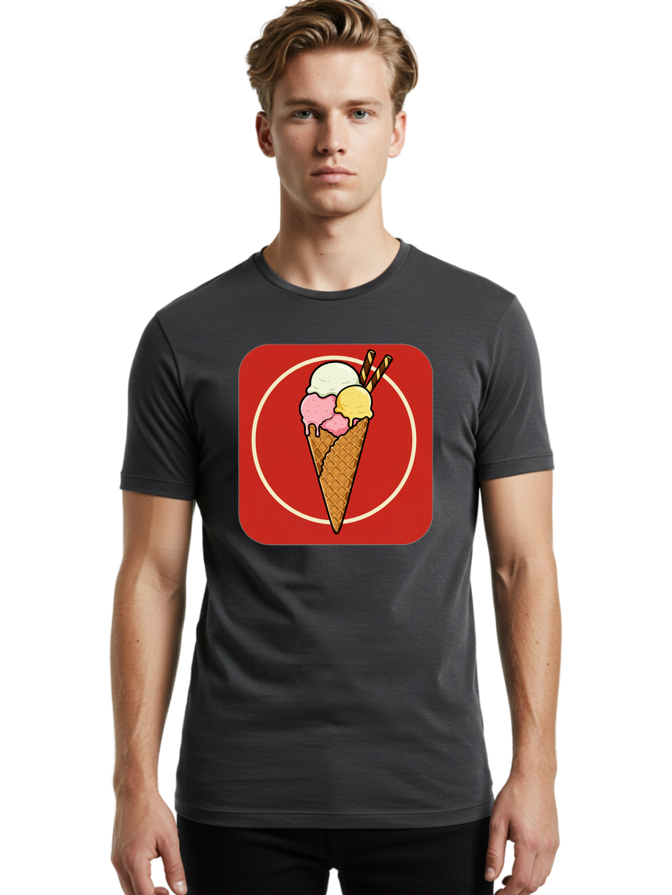 Ice-Cream-Cone-7 Men'S Graphic Tee, 100% Cotton, Comfortable Casual Summer Wear, Machine Washable, Ice Cream Cone, Three Scoops, Waffle Cone, Dessert, Sweet Treats, Colorful Illustration, Ice Cream Lovers, Tasty Delights Baa868