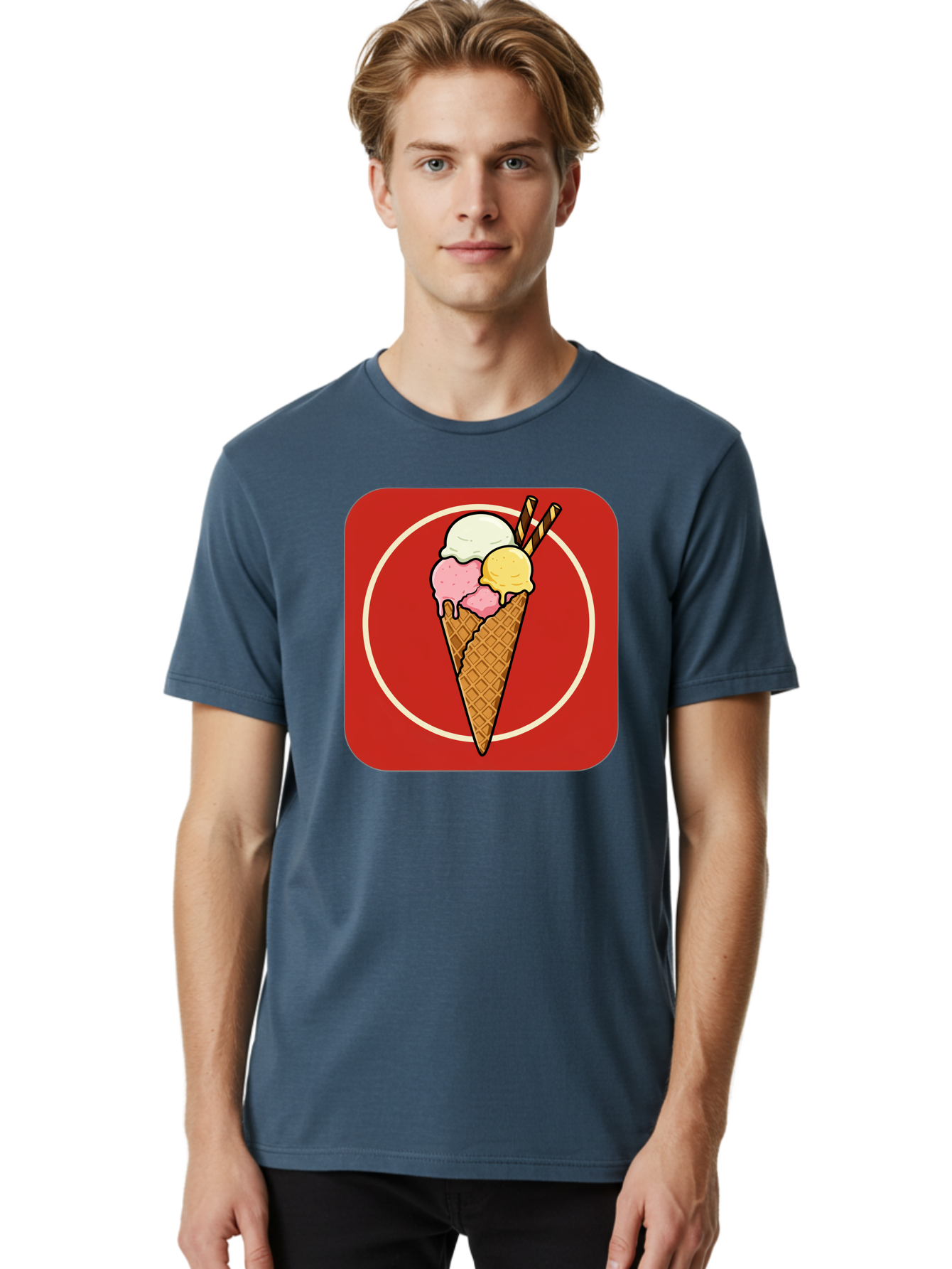 Ice-Cream-Cone-7 Men'S Graphic Tee, 100% Cotton, Comfortable Casual Summer Wear, Machine Washable, Ice Cream Cone, Three Scoops, Waffle Cone, Dessert, Sweet Treats, Colorful Illustration, Ice Cream Lovers, Tasty Delights Baa868