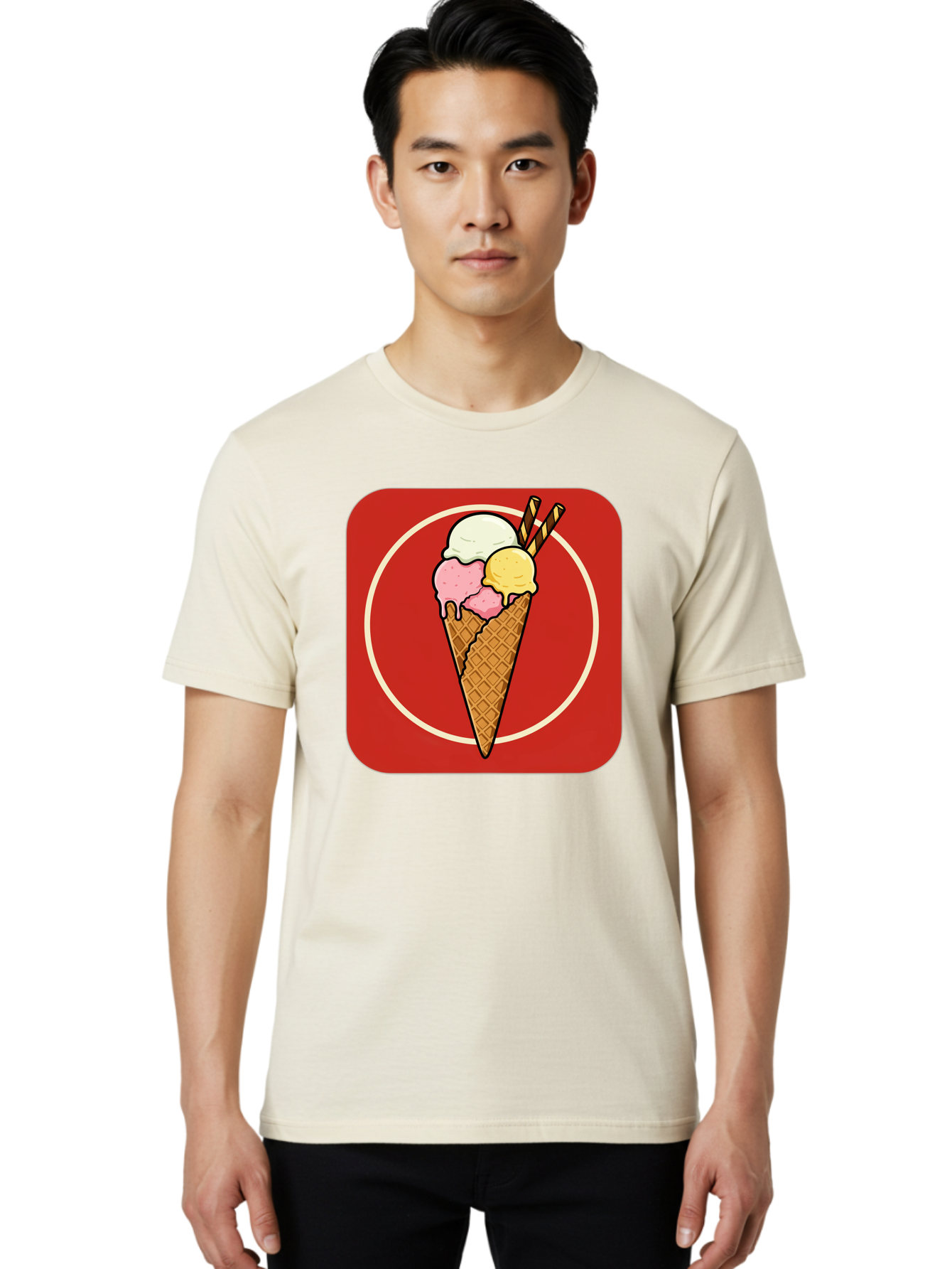 Ice-Cream-Cone-7 Men'S Graphic Tee, 100% Cotton, Comfortable Casual Summer Wear, Machine Washable, Ice Cream Cone, Three Scoops, Waffle Cone, Dessert, Sweet Treats, Colorful Illustration, Ice Cream Lovers, Tasty Delights Baa868