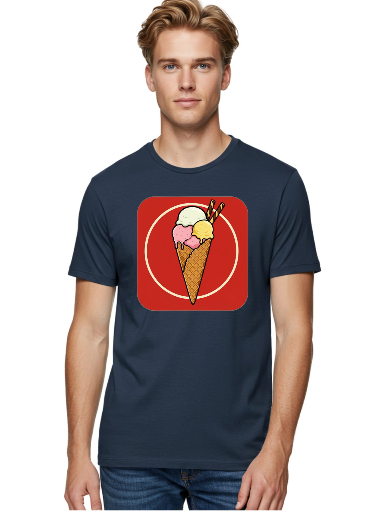 Ice-Cream-Cone-7 Men'S Graphic Tee, 100% Cotton, Comfortable Casual Summer Wear, Machine Washable, Ice Cream Cone, Three Scoops, Waffle Cone, Dessert, Sweet Treats, Colorful Illustration, Ice Cream Lovers, Tasty Delights Baa868