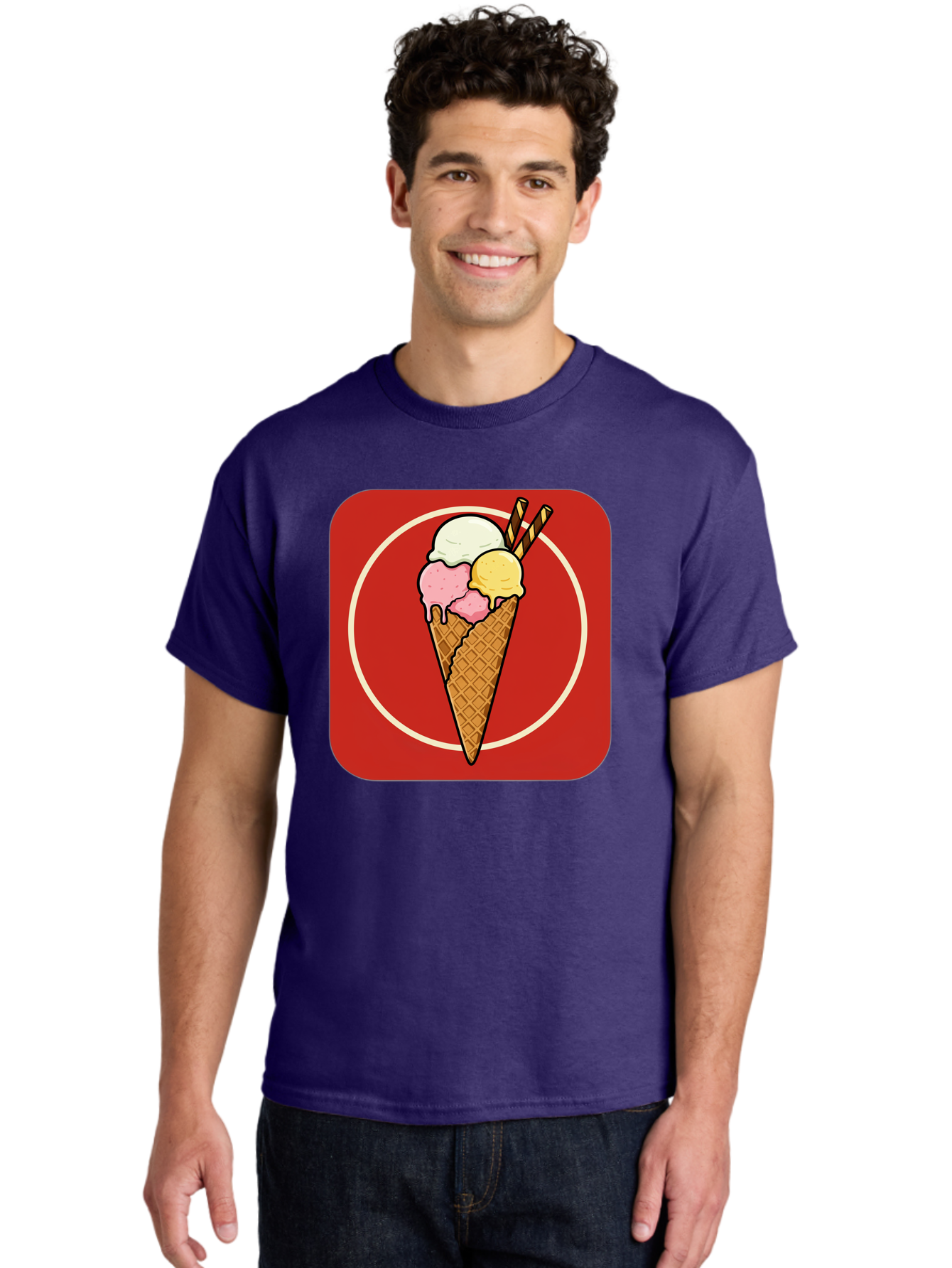 Ice-Cream-Cone-7 Men'S Graphic Tee, 100% Cotton, Comfortable Casual Summer Wear, Machine Washable, Ice Cream Cone, Three Scoops, Waffle Cone, Dessert, Sweet Treats, Colorful Illustration, Ice Cream Lovers, Tasty Delights Baa868