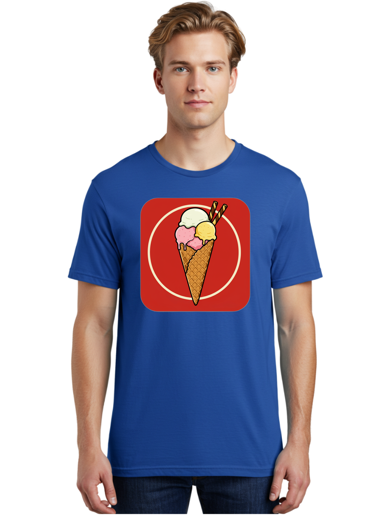 Ice-Cream-Cone-7 Men'S Graphic Tee, 100% Cotton, Comfortable Casual Summer Wear, Machine Washable, Ice Cream Cone, Three Scoops, Waffle Cone, Dessert, Sweet Treats, Colorful Illustration, Ice Cream Lovers, Tasty Delights Baa868