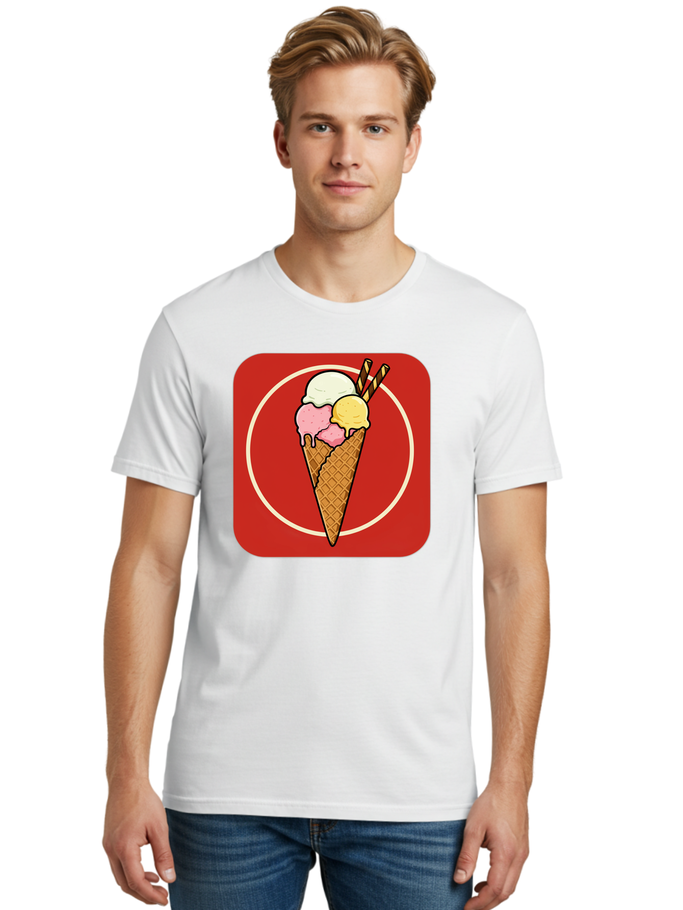 Ice-Cream-Cone-7 Men'S Graphic Tee, 100% Cotton, Comfortable Casual Summer Wear, Machine Washable, Ice Cream Cone, Three Scoops, Waffle Cone, Dessert, Sweet Treats, Colorful Illustration, Ice Cream Lovers, Tasty Delights Baa868