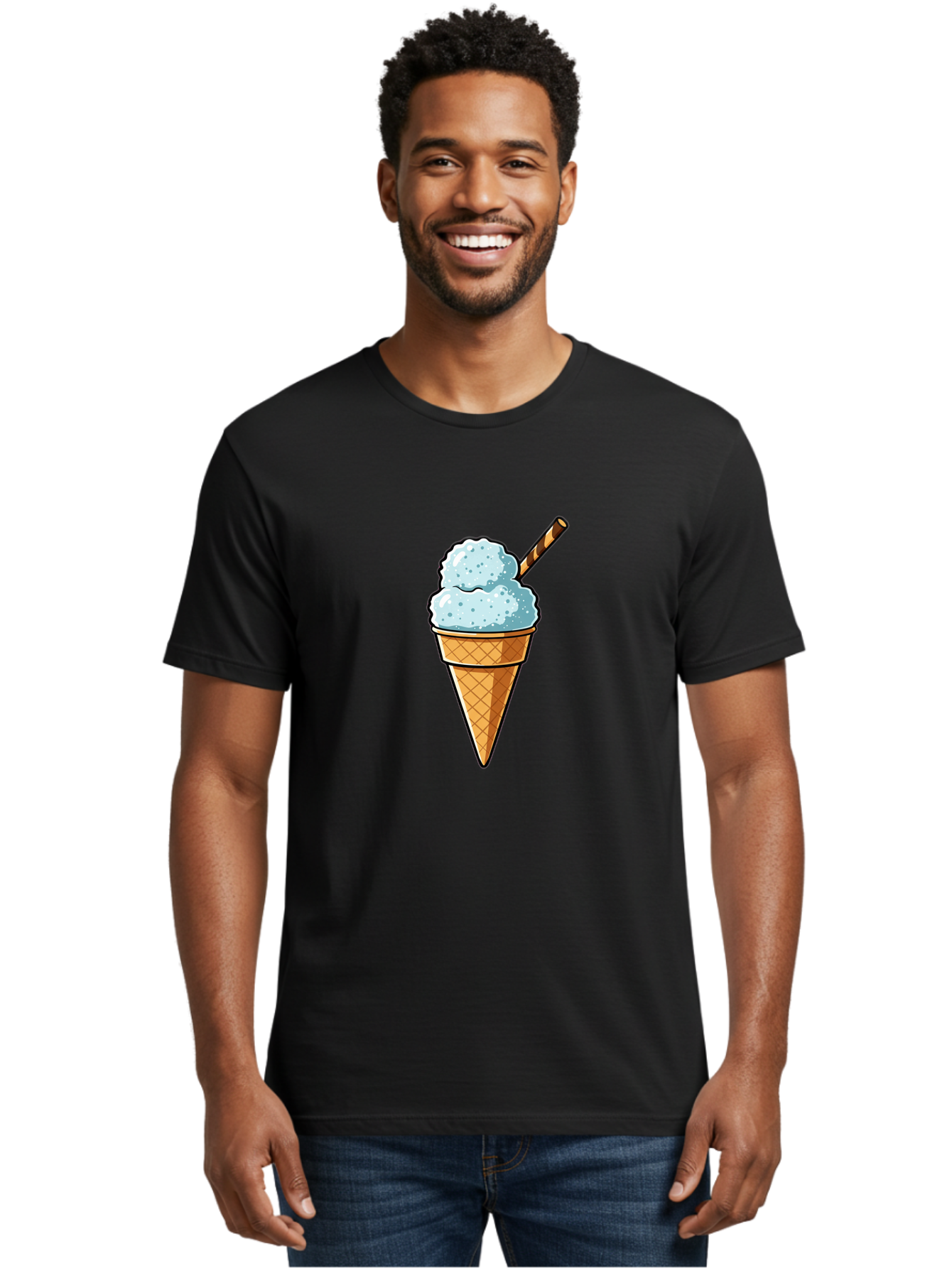 Ice-Cream-Cone-8 Men'S Graphic Tee, 100% Cotton, Comfortable Casual Summer Wear, Machine Washable, Blue Ice Cream, Waffle Cone, Striped Straw, Cartoon Style, Sweet Treat, Frozen Dessert, Summer Snack, Ice Cream Lover Baa869
