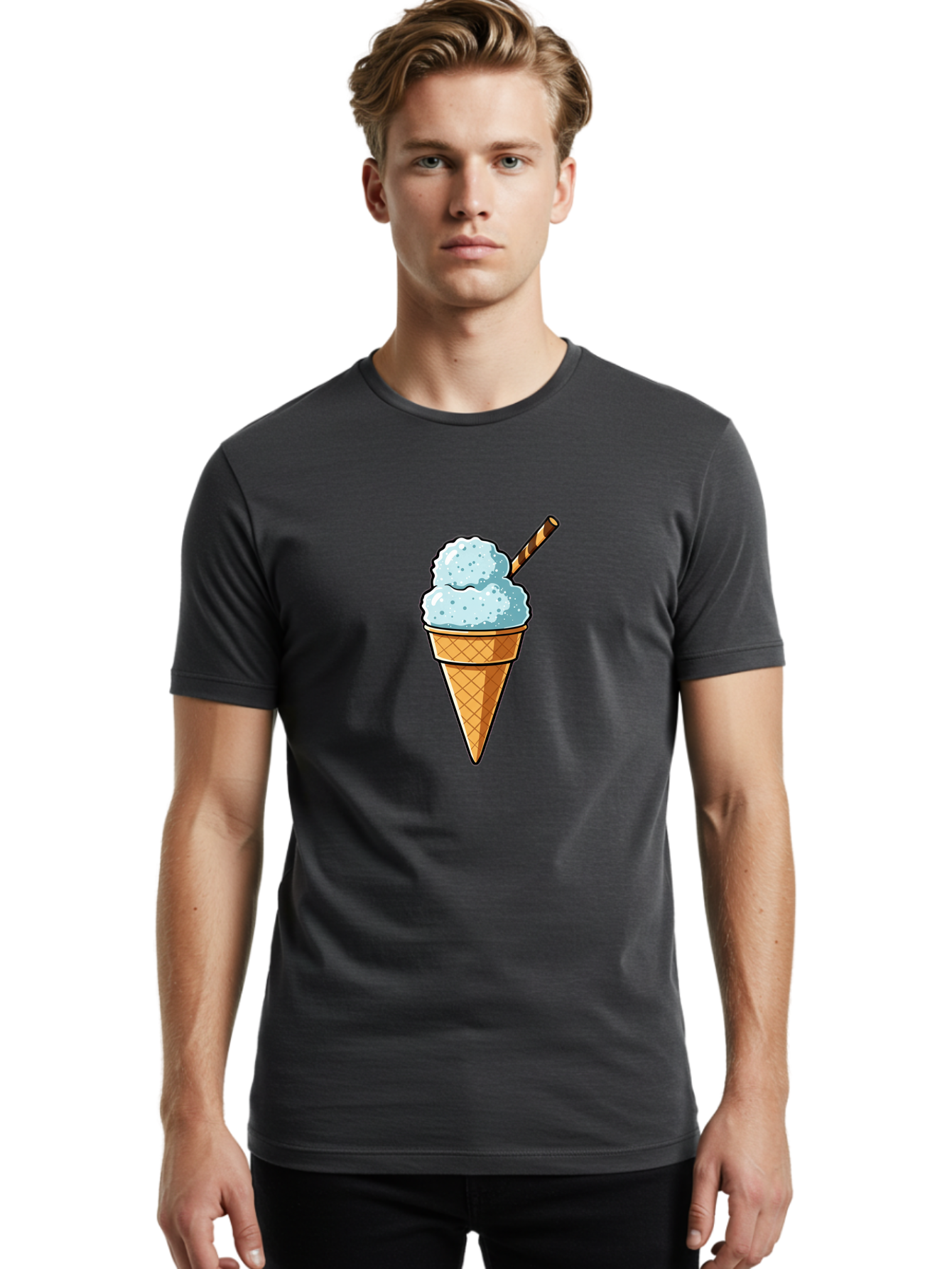 Ice-Cream-Cone-8 Men'S Graphic Tee, 100% Cotton, Comfortable Casual Summer Wear, Machine Washable, Blue Ice Cream, Waffle Cone, Striped Straw, Cartoon Style, Sweet Treat, Frozen Dessert, Summer Snack, Ice Cream Lover Baa869