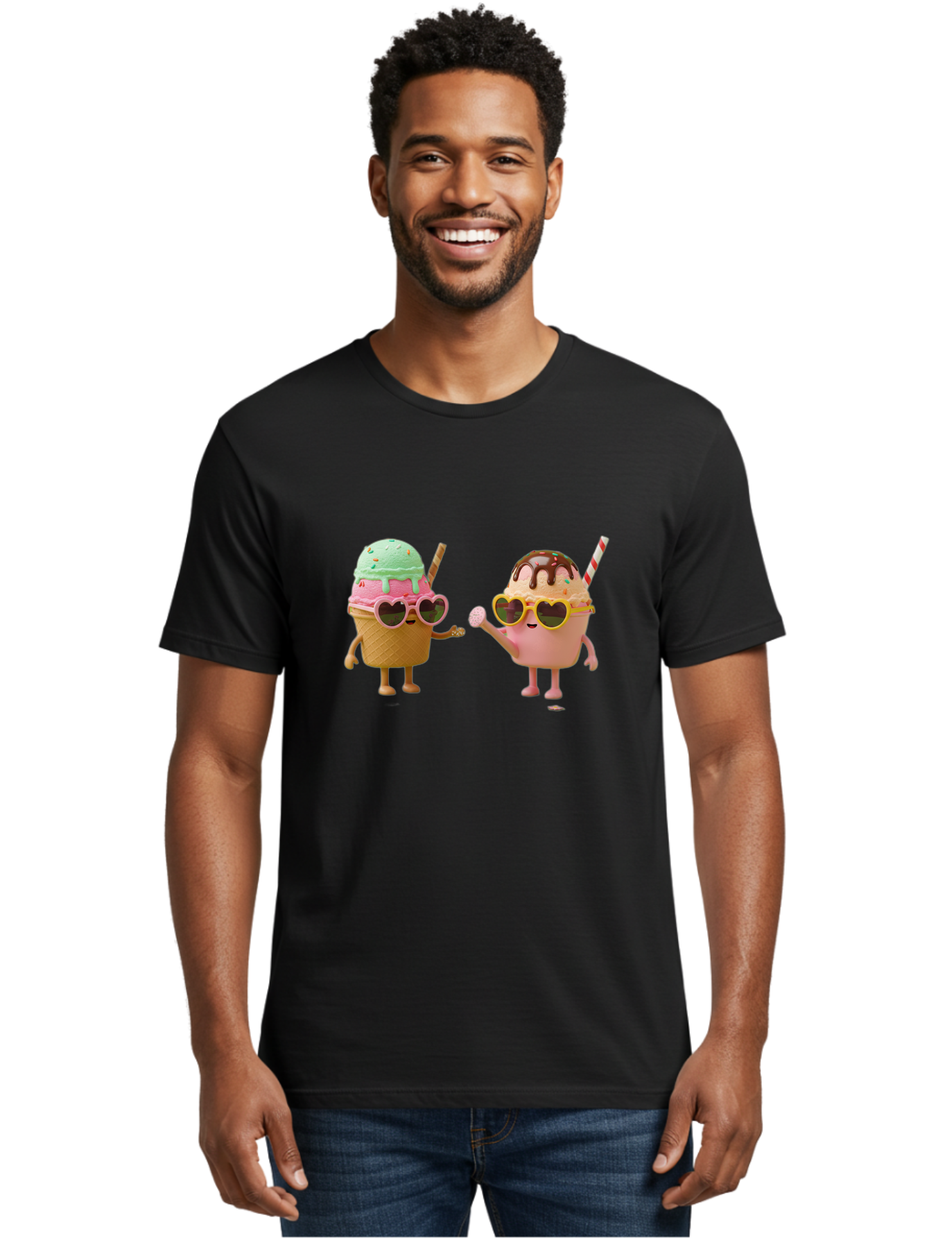 Ice-Cream-Cone-And-Cup Men'S Graphic Tee, 100% Cotton, Comfortable Casual Summer Wear, Machine Washable, Ice Cream Cone Character, Ice Cream Bowl Character, Heart-Shaped Sunglasses, Pastel Colors, Fun Illustration, Sweet Treats, Baa871