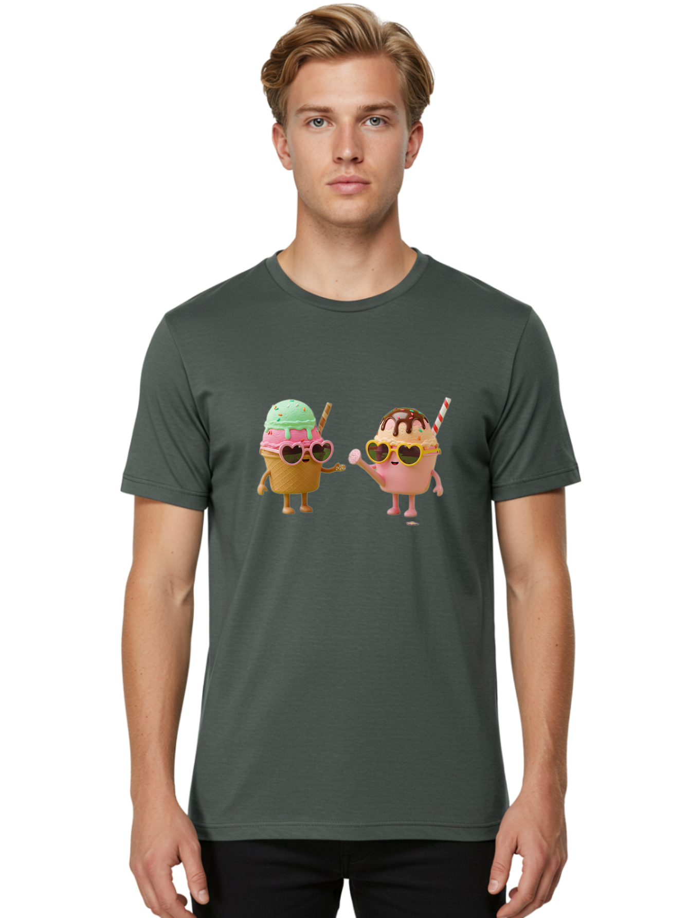 Ice-Cream-Cone-And-Cup Men'S Graphic Tee, 100% Cotton, Comfortable Casual Summer Wear, Machine Washable, Ice Cream Cone Character, Ice Cream Bowl Character, Heart-Shaped Sunglasses, Pastel Colors, Fun Illustration, Sweet Treats, Baa871