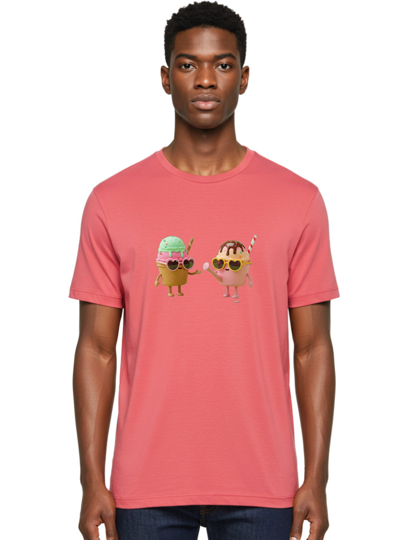 Ice-Cream-Cone-And-Cup Men'S Graphic Tee, 100% Cotton, Comfortable Casual Summer Wear, Machine Washable, Ice Cream Cone Character, Ice Cream Bowl Character, Heart-Shaped Sunglasses, Pastel Colors, Fun Illustration, Sweet Treats, Baa871