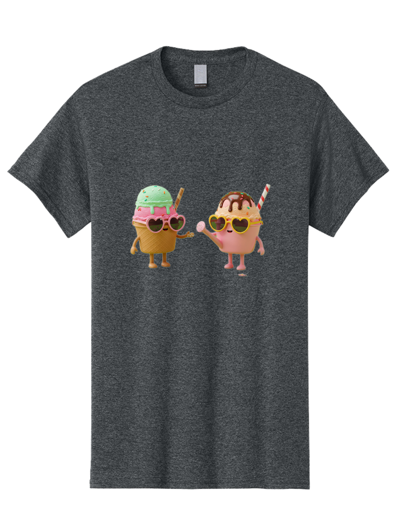 Ice-Cream-Cone-And-Cup Men'S Graphic Tee, 100% Cotton, Comfortable Casual Summer Wear, Machine Washable, Ice Cream Cone Character, Ice Cream Bowl Character, Heart-Shaped Sunglasses, Pastel Colors, Fun Illustration, Sweet Treats, Baa871