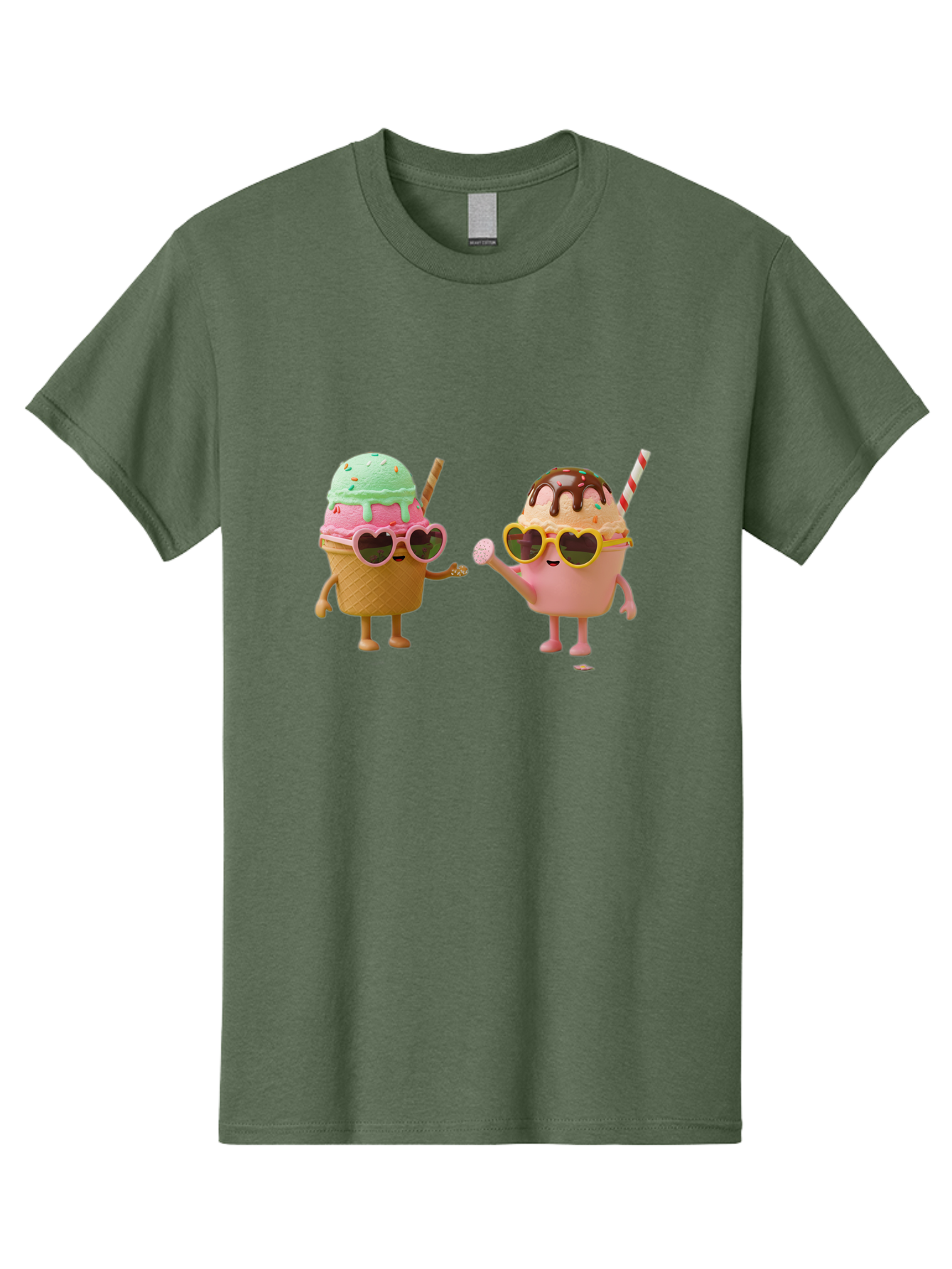 Ice-Cream-Cone-And-Cup Men'S Graphic Tee, 100% Cotton, Comfortable Casual Summer Wear, Machine Washable, Ice Cream Cone Character, Ice Cream Bowl Character, Heart-Shaped Sunglasses, Pastel Colors, Fun Illustration, Sweet Treats, Baa871