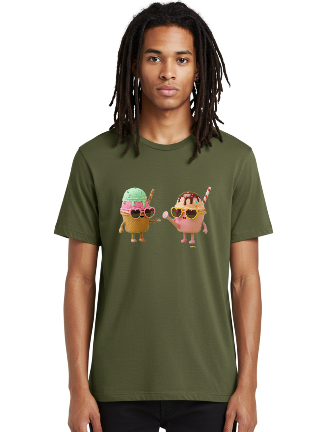 Ice-Cream-Cone-And-Cup Men'S Graphic Tee, 100% Cotton, Comfortable Casual Summer Wear, Machine Washable, Ice Cream Cone Character, Ice Cream Bowl Character, Heart-Shaped Sunglasses, Pastel Colors, Fun Illustration, Sweet Treats, Baa871