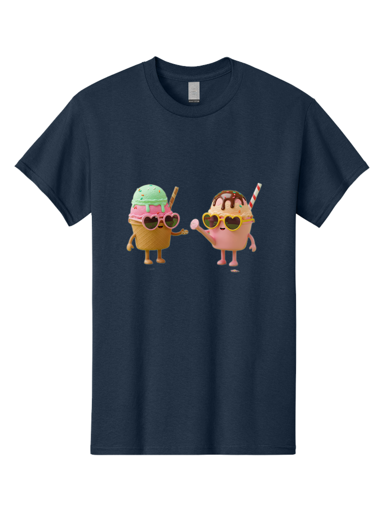 Ice-Cream-Cone-And-Cup Men'S Graphic Tee, 100% Cotton, Comfortable Casual Summer Wear, Machine Washable, Ice Cream Cone Character, Ice Cream Bowl Character, Heart-Shaped Sunglasses, Pastel Colors, Fun Illustration, Sweet Treats, Baa871