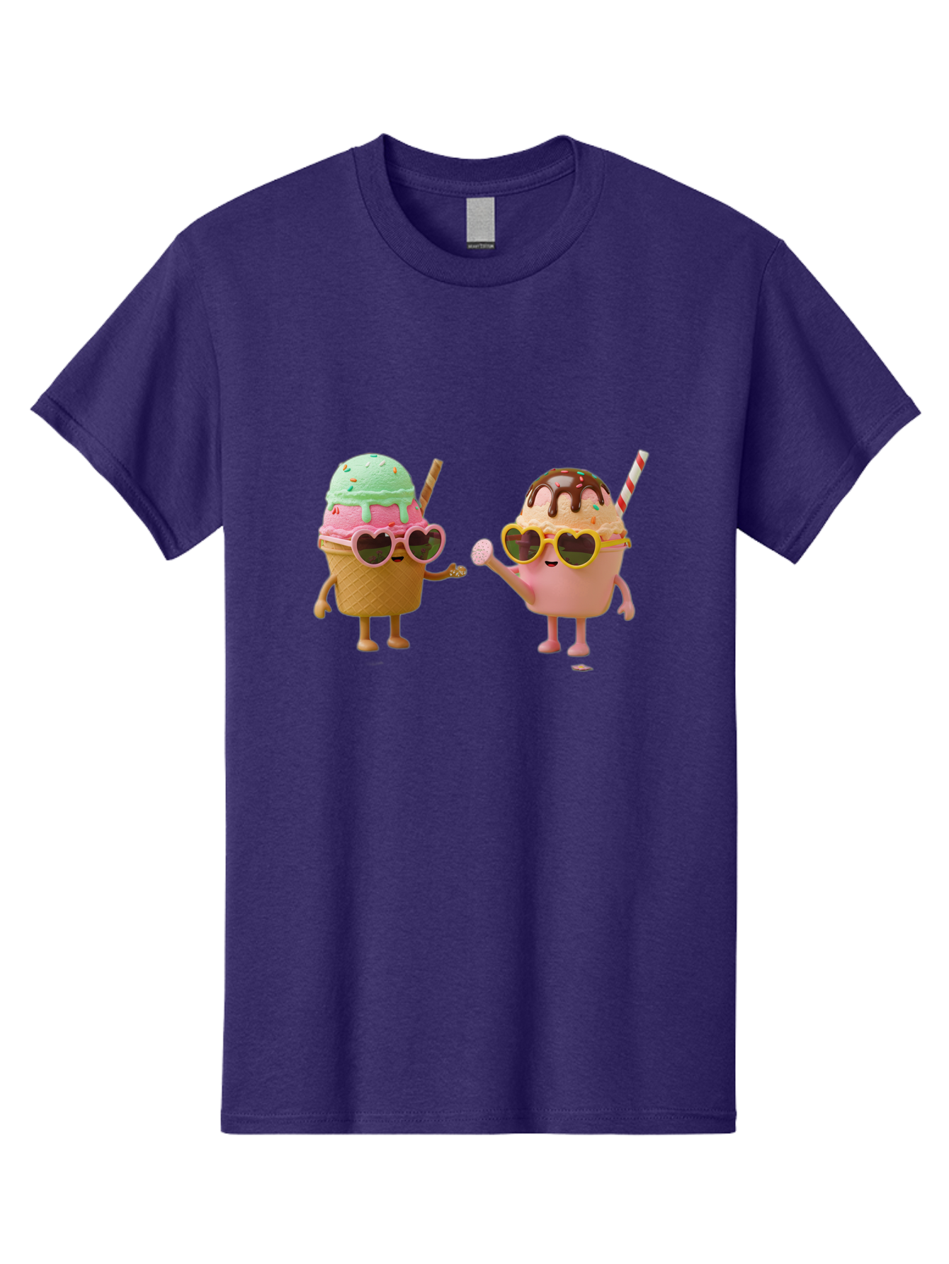 Ice-Cream-Cone-And-Cup Men'S Graphic Tee, 100% Cotton, Comfortable Casual Summer Wear, Machine Washable, Ice Cream Cone Character, Ice Cream Bowl Character, Heart-Shaped Sunglasses, Pastel Colors, Fun Illustration, Sweet Treats, Baa871
