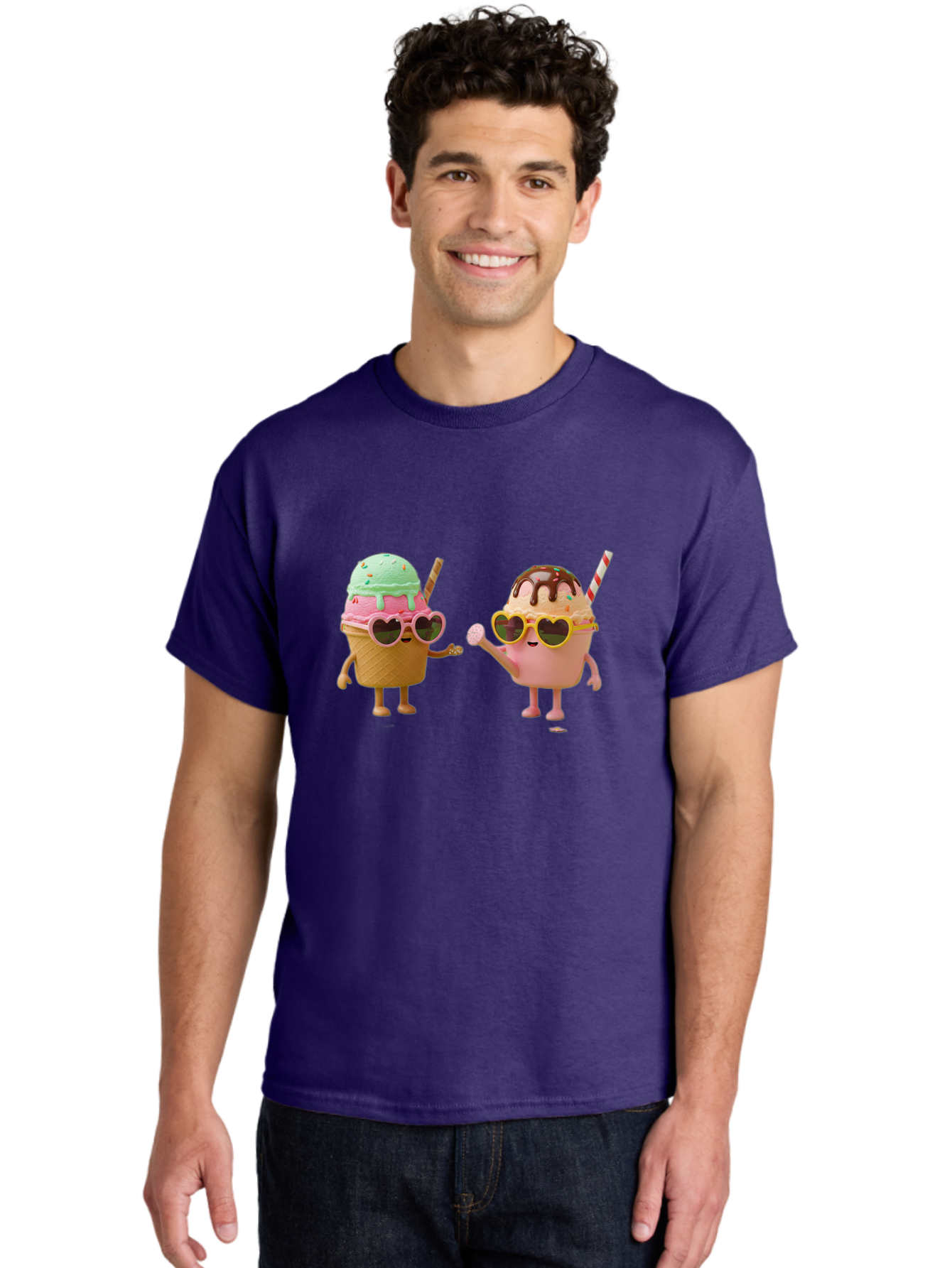 Ice-Cream-Cone-And-Cup Men'S Graphic Tee, 100% Cotton, Comfortable Casual Summer Wear, Machine Washable, Ice Cream Cone Character, Ice Cream Bowl Character, Heart-Shaped Sunglasses, Pastel Colors, Fun Illustration, Sweet Treats, Baa871