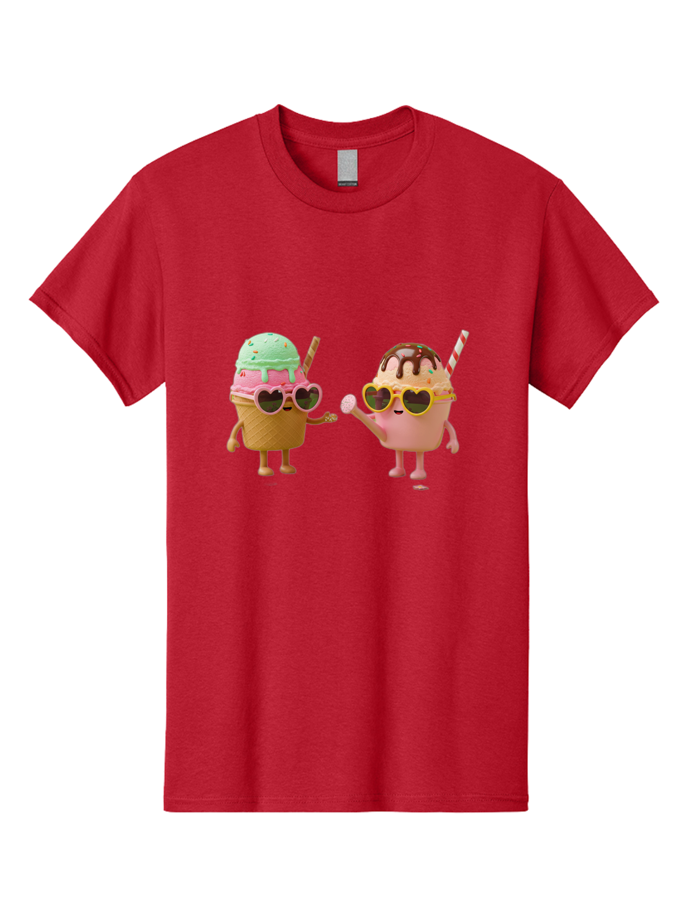 Ice-Cream-Cone-And-Cup Men'S Graphic Tee, 100% Cotton, Comfortable Casual Summer Wear, Machine Washable, Ice Cream Cone Character, Ice Cream Bowl Character, Heart-Shaped Sunglasses, Pastel Colors, Fun Illustration, Sweet Treats, Baa871