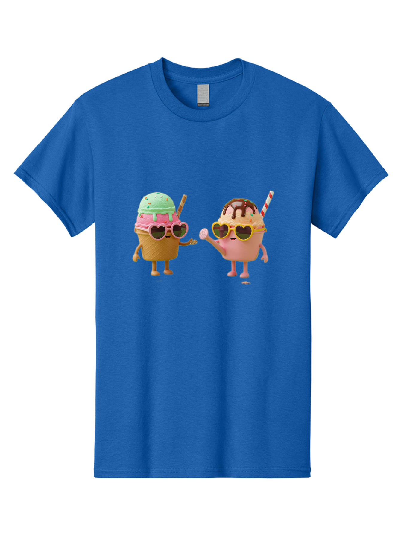 Ice-Cream-Cone-And-Cup Men'S Graphic Tee, 100% Cotton, Comfortable Casual Summer Wear, Machine Washable, Ice Cream Cone Character, Ice Cream Bowl Character, Heart-Shaped Sunglasses, Pastel Colors, Fun Illustration, Sweet Treats, Baa871