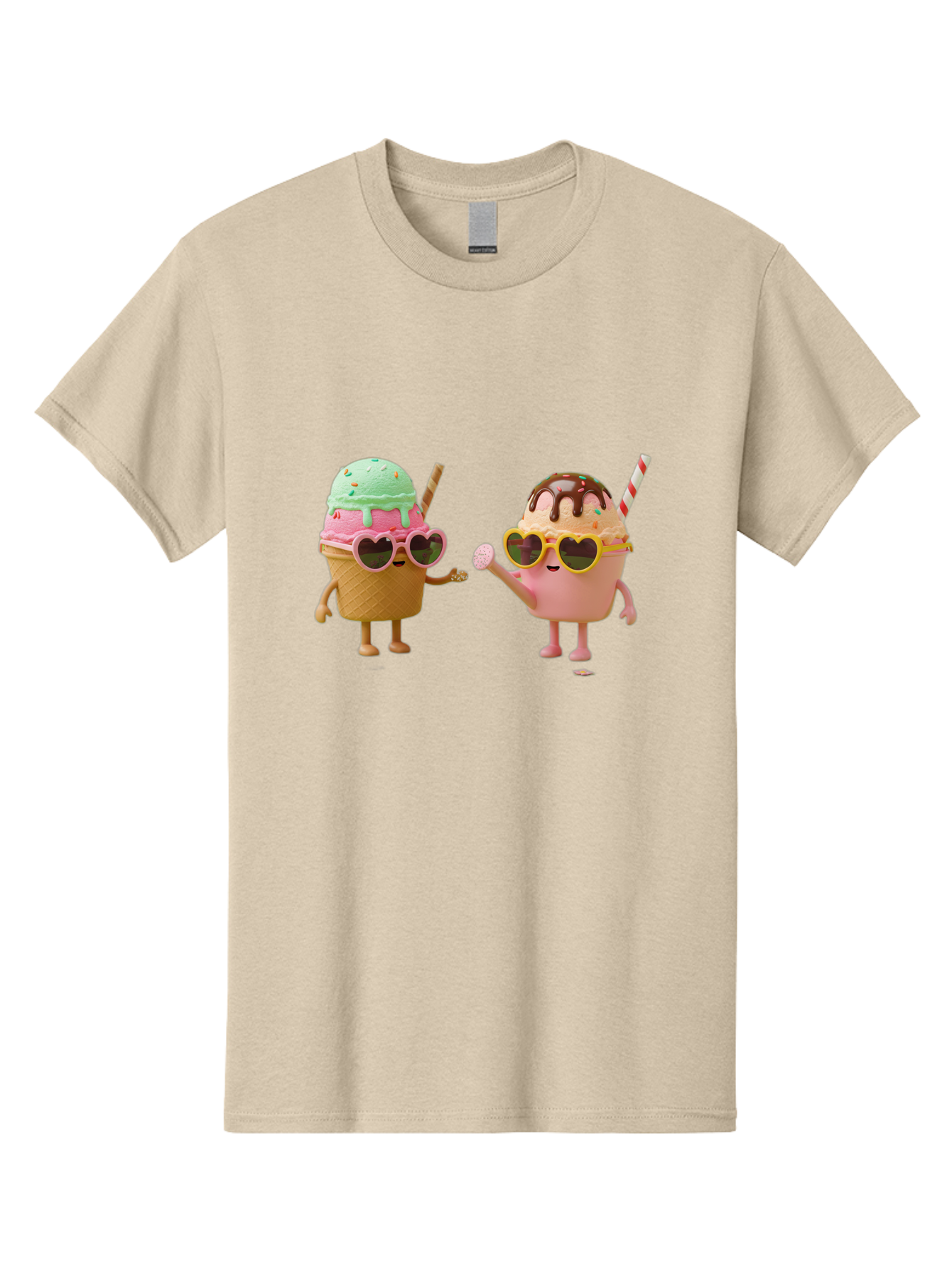 Ice-Cream-Cone-And-Cup Men'S Graphic Tee, 100% Cotton, Comfortable Casual Summer Wear, Machine Washable, Ice Cream Cone Character, Ice Cream Bowl Character, Heart-Shaped Sunglasses, Pastel Colors, Fun Illustration, Sweet Treats, Baa871