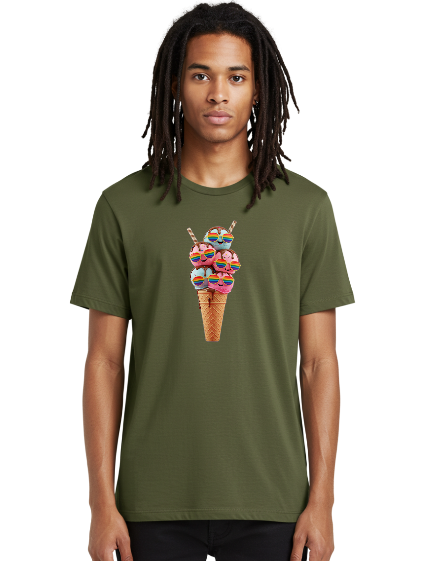 Ice-Cream-Cone-Babies Men'S Graphic Tee, 100% Cotton, Comfortable Casual Summer Wear, Machine Washable, Ice Cream Cone, Smiley Faces, Rainbow Sunglasses, Colorful Treats, Sweet Delights, Fun Desserts, Playful Theme, Happy Vibes Baa872