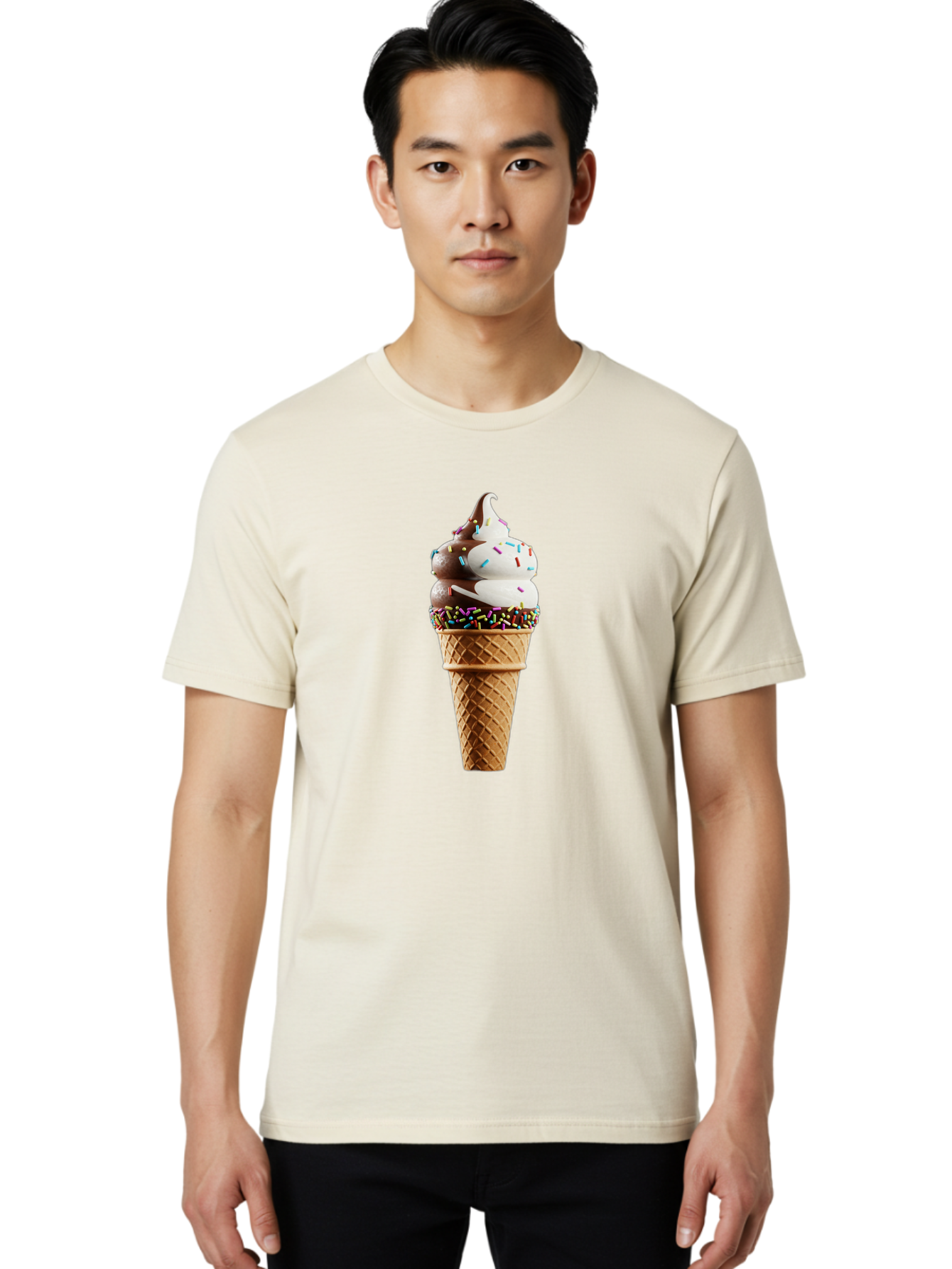 Ice-Cream-Cone Men'S Graphic Tee, 100% Cotton, Comfortable Casual Summer Wear, Machine Washable, Ice Cream Cone, Chocolate And Vanilla Swirl, Rainbow Sprinkles, Sweet Treat, Dessert Delight, Colorful Ice Cream, Tasty Cone, Fun Dessert, Baa875