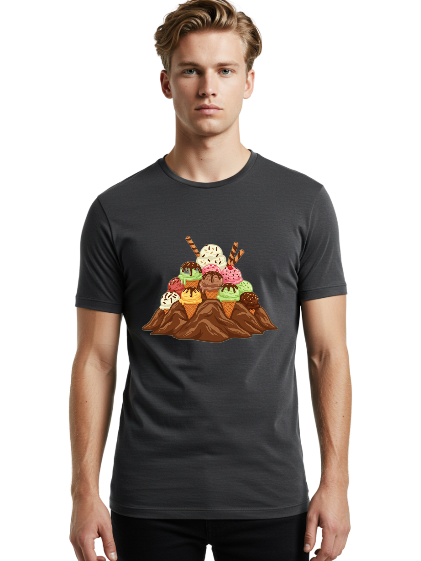 Ice-Cream-Cones Men'S Graphic Tee, 100% Cotton, Comfortable Casual Summer Wear, Machine Washable, Ice Cream Cones, Chocolate Sauce, Sprinkles, Waffle Cones, Colorful Ice Cream, Sweet Treats, Dessert Delights, Tasty Ice Cream, Dessert Art, Baa877