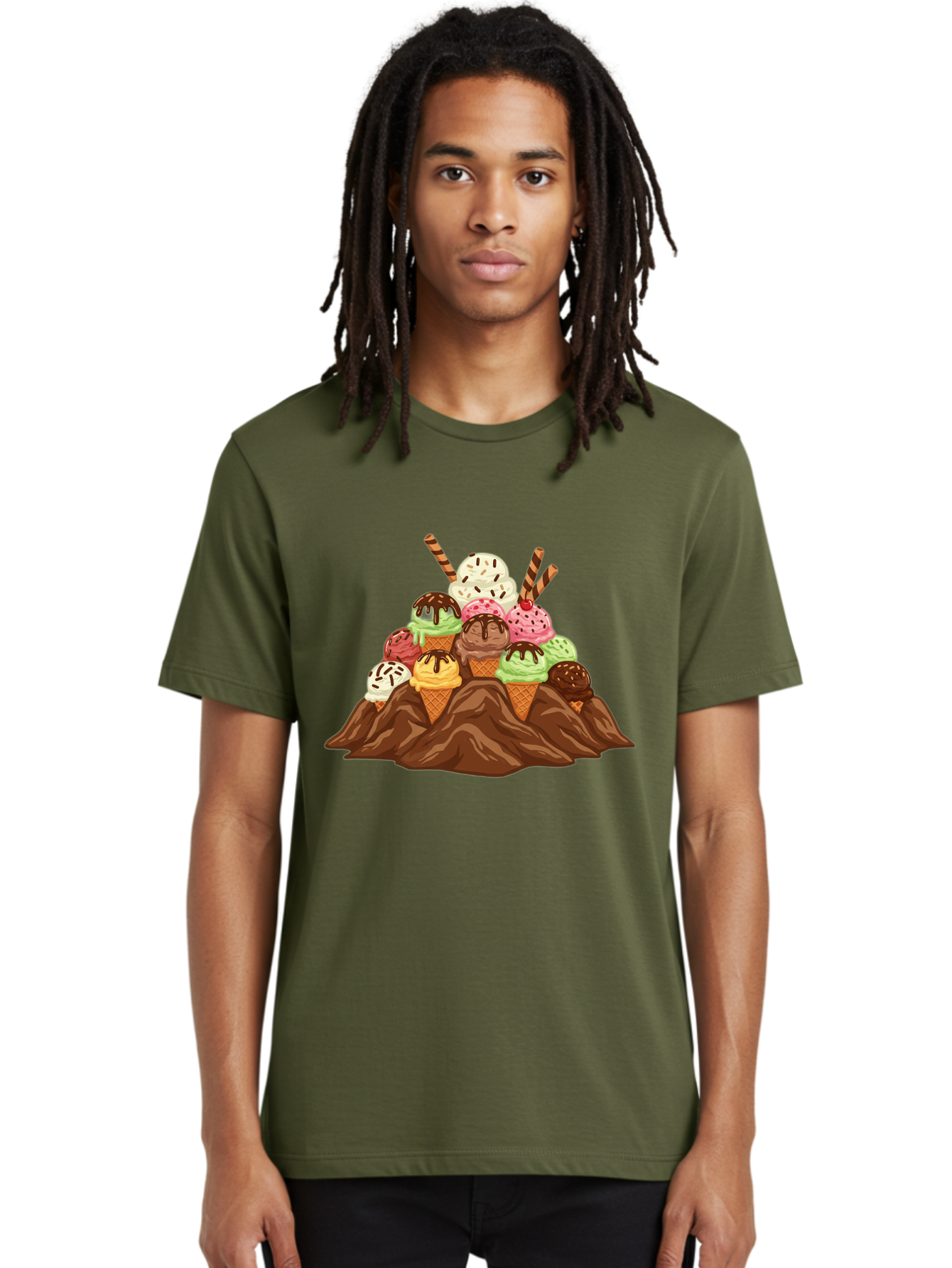 Ice-Cream-Cones Men'S Graphic Tee, 100% Cotton, Comfortable Casual Summer Wear, Machine Washable, Ice Cream Cones, Chocolate Sauce, Sprinkles, Waffle Cones, Colorful Ice Cream, Sweet Treats, Dessert Delights, Tasty Ice Cream, Dessert Art, Baa877