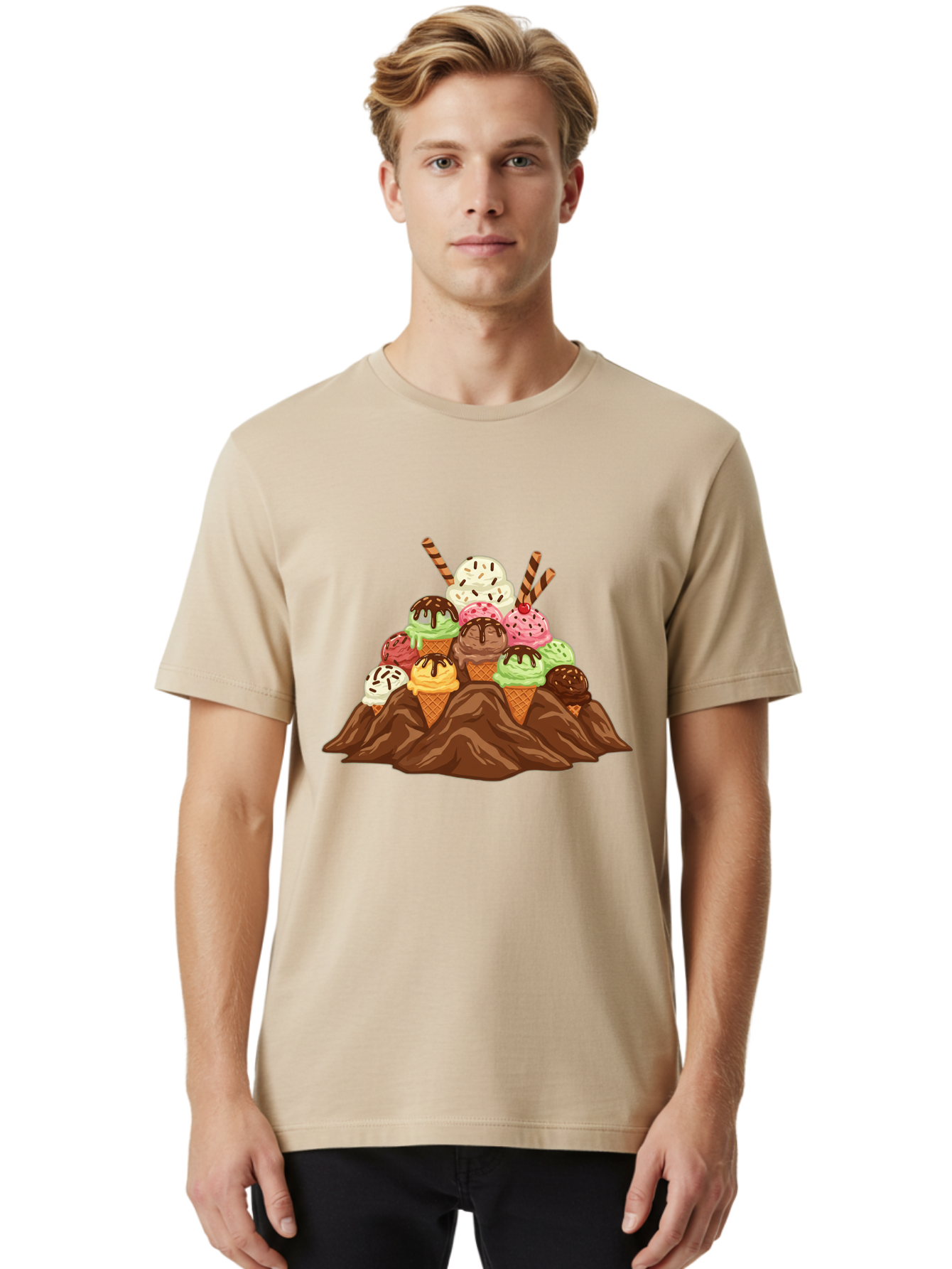 Ice-Cream-Cones Men'S Graphic Tee, 100% Cotton, Comfortable Casual Summer Wear, Machine Washable, Ice Cream Cones, Chocolate Sauce, Sprinkles, Waffle Cones, Colorful Ice Cream, Sweet Treats, Dessert Delights, Tasty Ice Cream, Dessert Art, Baa877