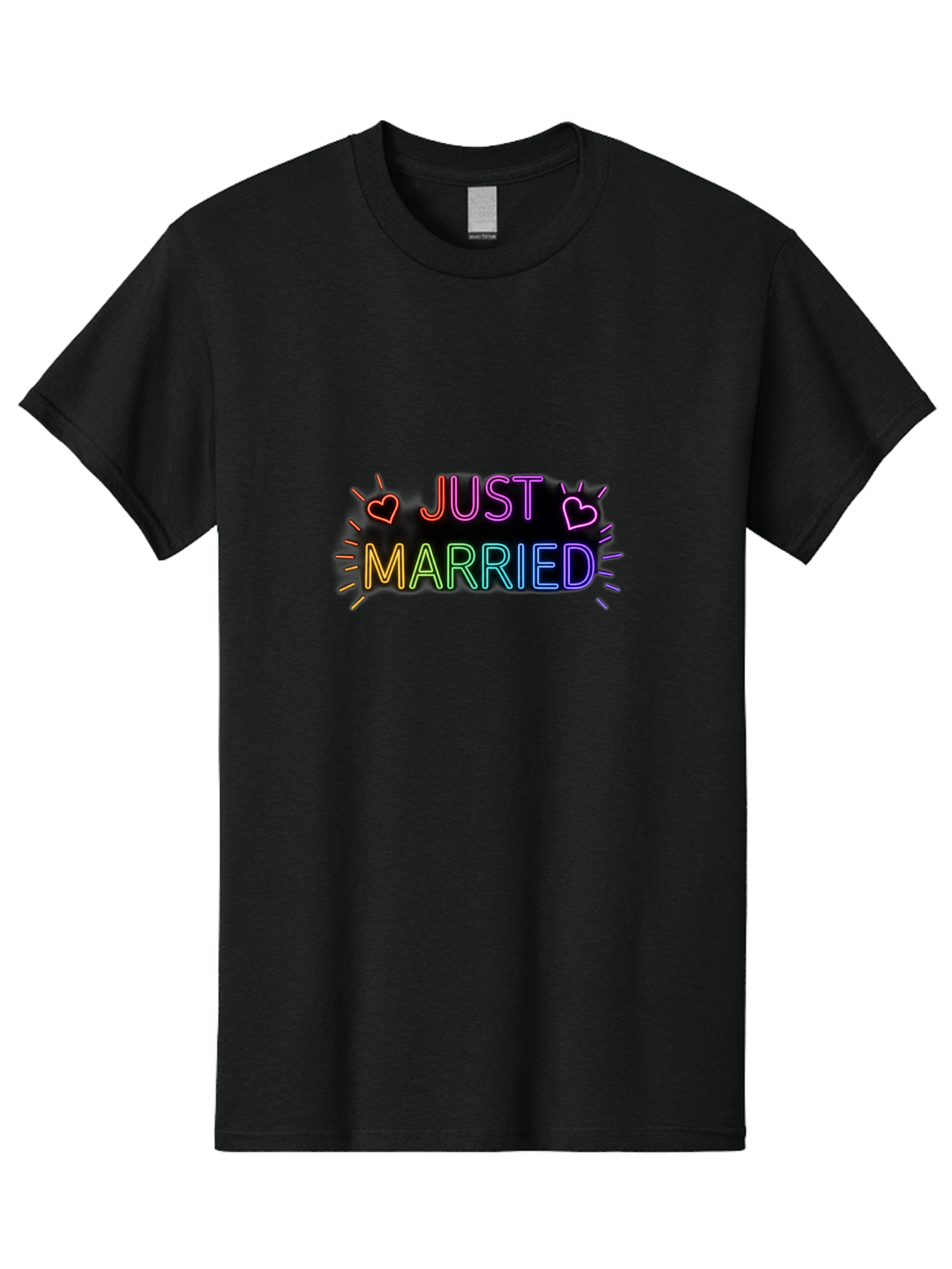 Just-Married-1 Men'S Graphic Tee, 100% Cotton, Comfortable Casual Summer Wear, Machine Washable, Neon Just Married Sign, Colorful Hearts, Rainbow Colors, Love Symbol, Wedding Decoration, Couple Goals, Romantic Gesture, Glowing Text, Baa883
