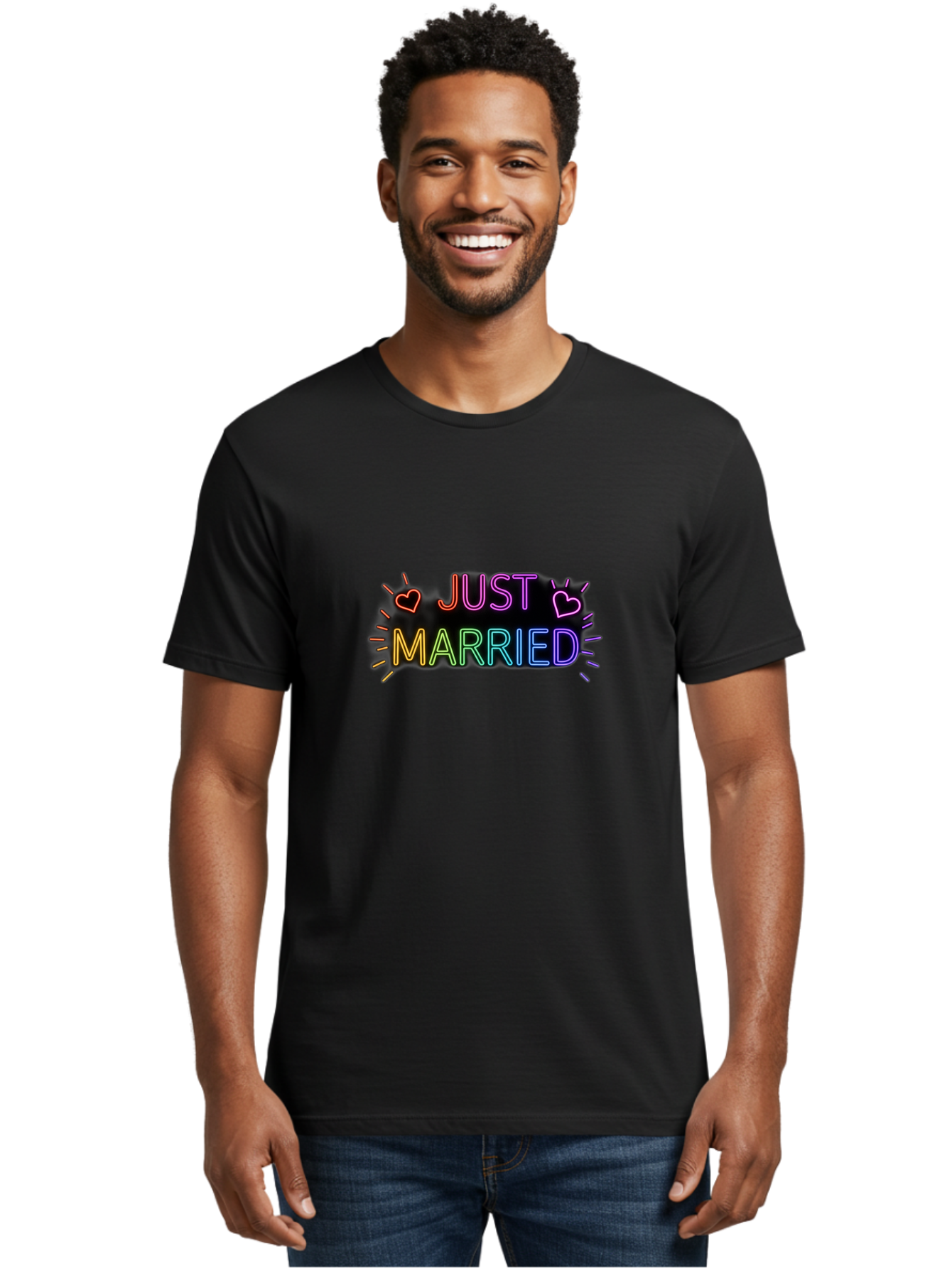 Just-Married-1 Men'S Graphic Tee, 100% Cotton, Comfortable Casual Summer Wear, Machine Washable, Neon Just Married Sign, Colorful Hearts, Rainbow Colors, Love Symbol, Wedding Decoration, Couple Goals, Romantic Gesture, Glowing Text, Baa883