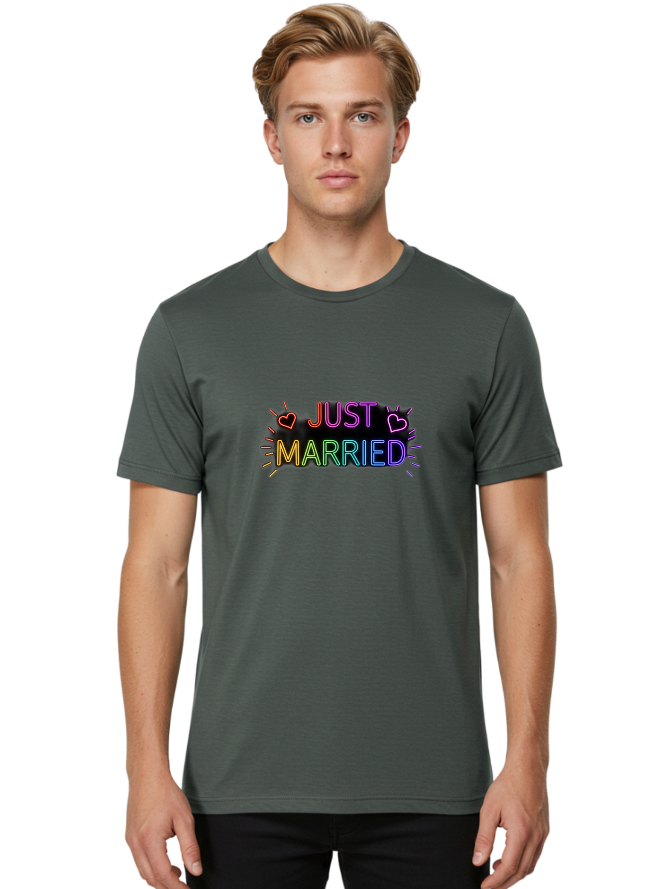 Just-Married-1 Men'S Graphic Tee, 100% Cotton, Comfortable Casual Summer Wear, Machine Washable, Neon Just Married Sign, Colorful Hearts, Rainbow Colors, Love Symbol, Wedding Decoration, Couple Goals, Romantic Gesture, Glowing Text, Baa883