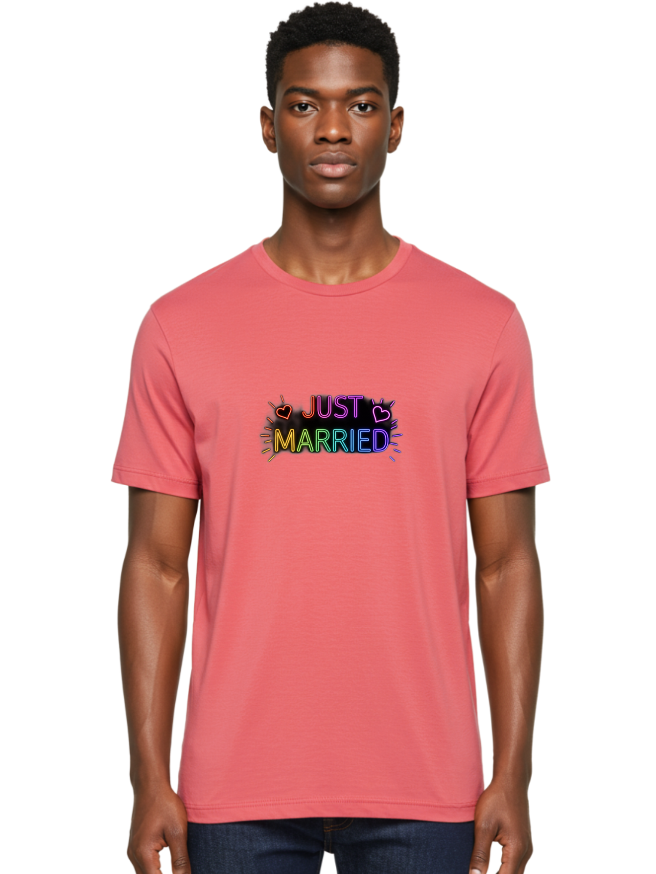 Just-Married-1 Men'S Graphic Tee, 100% Cotton, Comfortable Casual Summer Wear, Machine Washable, Neon Just Married Sign, Colorful Hearts, Rainbow Colors, Love Symbol, Wedding Decoration, Couple Goals, Romantic Gesture, Glowing Text, Baa883