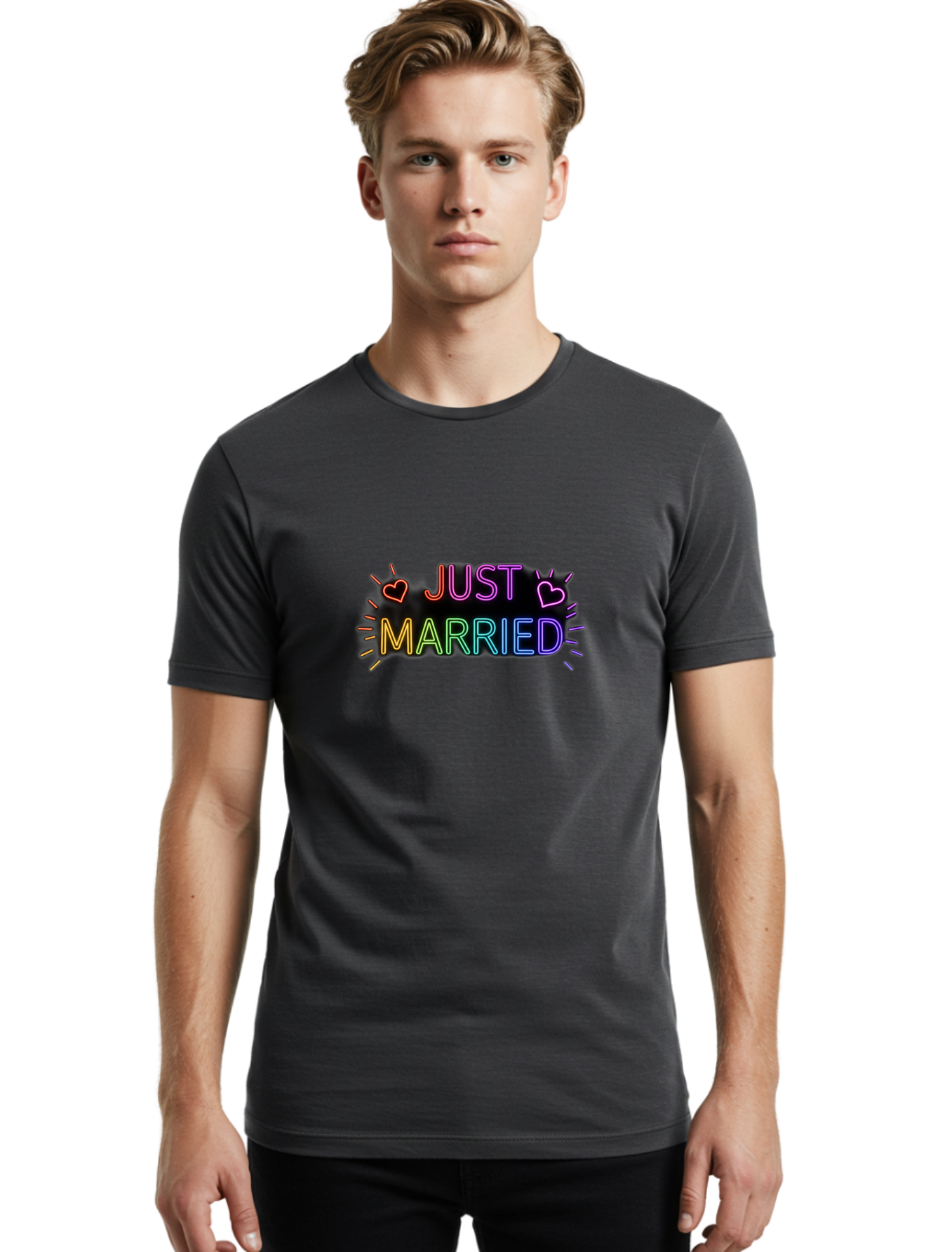 Just-Married-1 Men'S Graphic Tee, 100% Cotton, Comfortable Casual Summer Wear, Machine Washable, Neon Just Married Sign, Colorful Hearts, Rainbow Colors, Love Symbol, Wedding Decoration, Couple Goals, Romantic Gesture, Glowing Text, Baa883