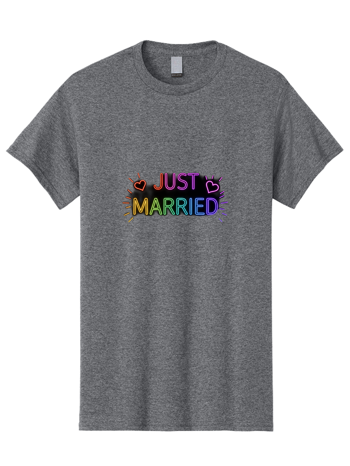 Just-Married-1 Men'S Graphic Tee, 100% Cotton, Comfortable Casual Summer Wear, Machine Washable, Neon Just Married Sign, Colorful Hearts, Rainbow Colors, Love Symbol, Wedding Decoration, Couple Goals, Romantic Gesture, Glowing Text, Baa883