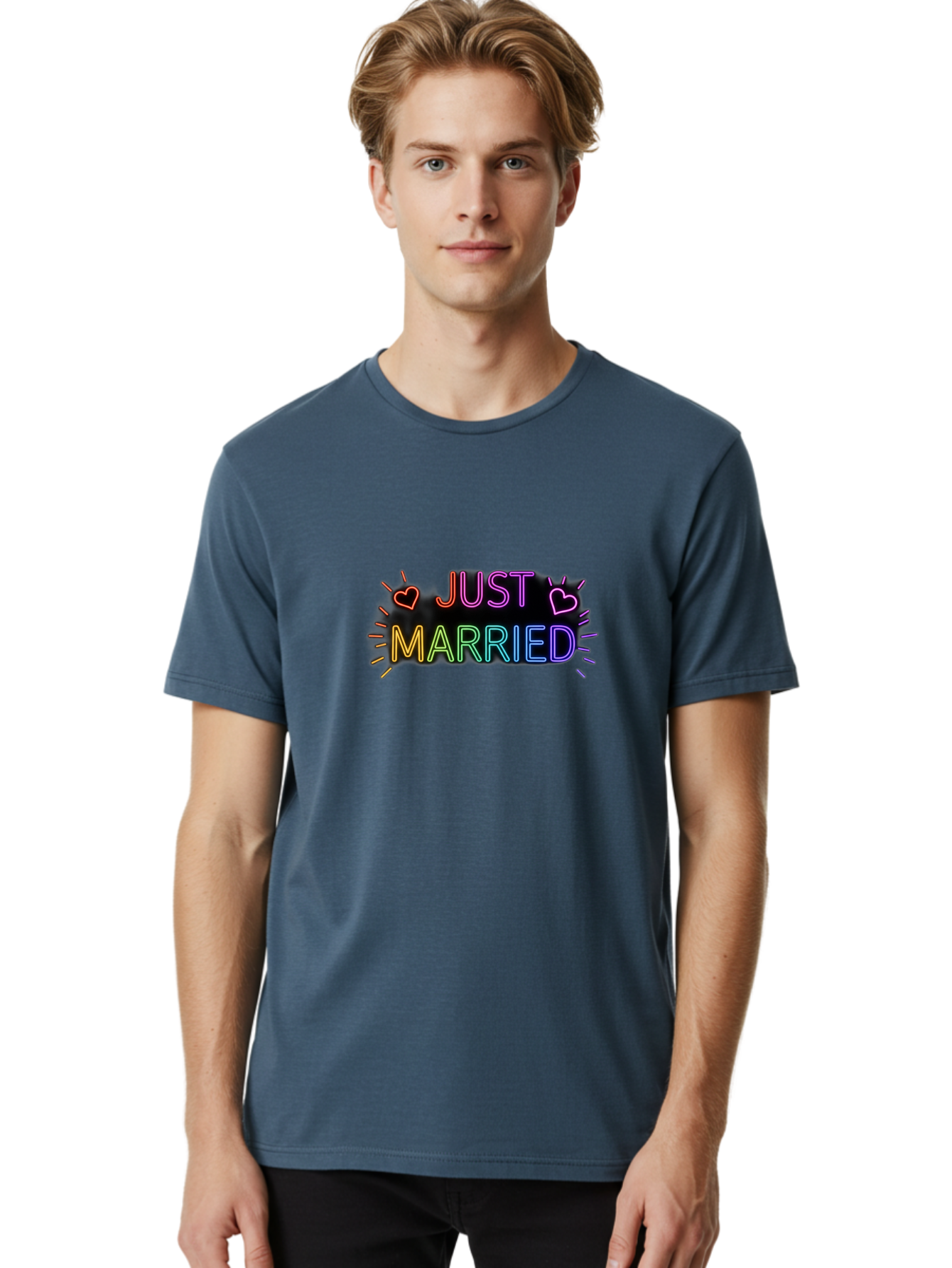 Just-Married-1 Men'S Graphic Tee, 100% Cotton, Comfortable Casual Summer Wear, Machine Washable, Neon Just Married Sign, Colorful Hearts, Rainbow Colors, Love Symbol, Wedding Decoration, Couple Goals, Romantic Gesture, Glowing Text, Baa883