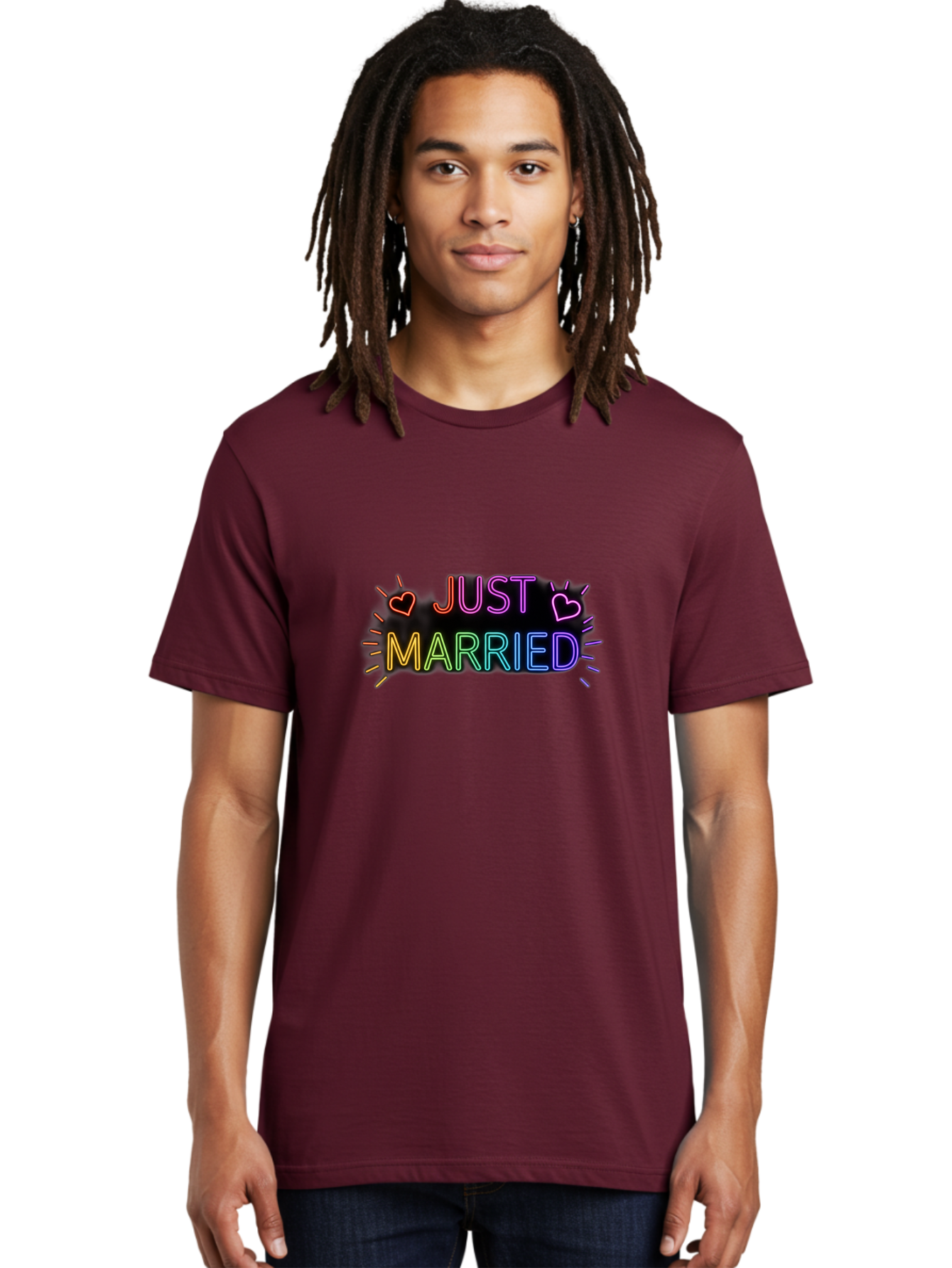 Just-Married-1 Men'S Graphic Tee, 100% Cotton, Comfortable Casual Summer Wear, Machine Washable, Neon Just Married Sign, Colorful Hearts, Rainbow Colors, Love Symbol, Wedding Decoration, Couple Goals, Romantic Gesture, Glowing Text, Baa883