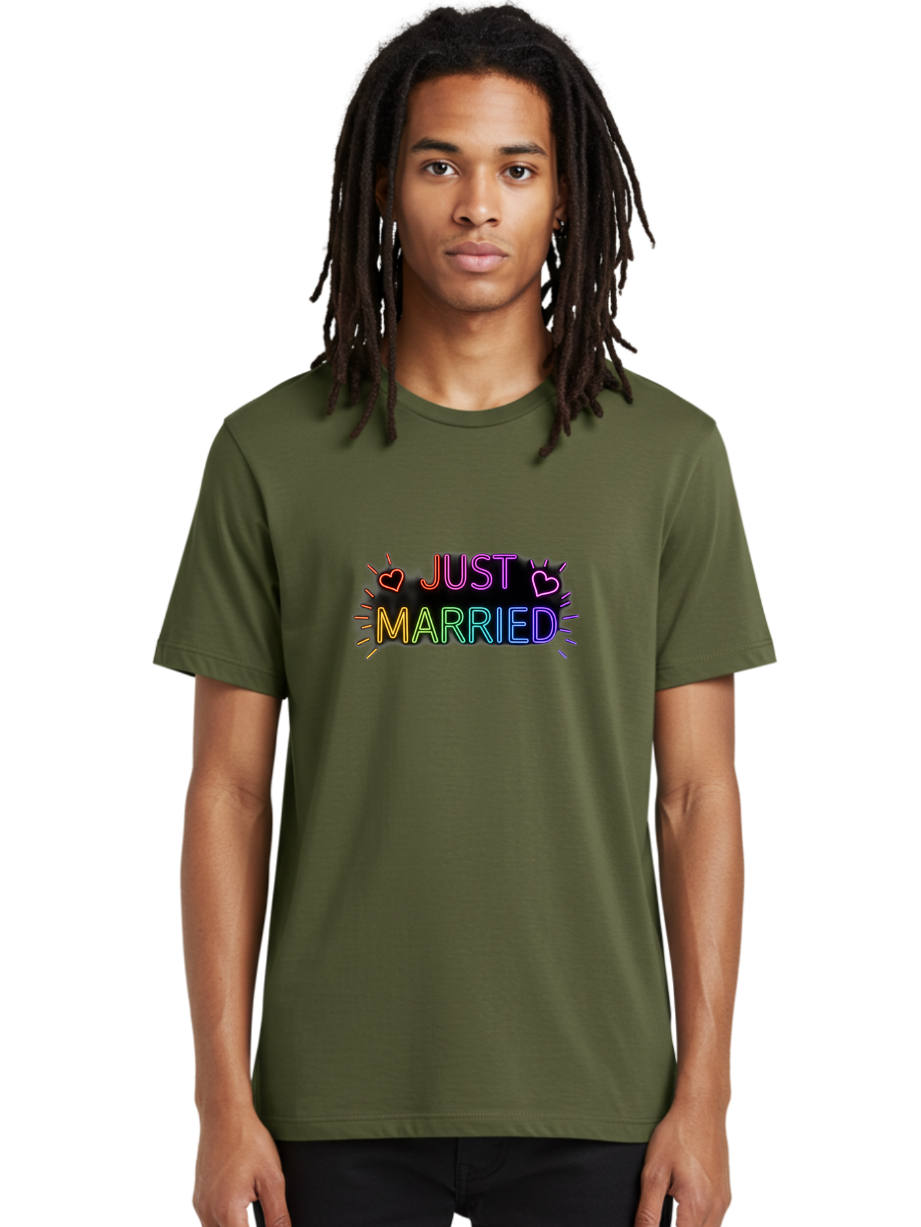 Just-Married-1 Men'S Graphic Tee, 100% Cotton, Comfortable Casual Summer Wear, Machine Washable, Neon Just Married Sign, Colorful Hearts, Rainbow Colors, Love Symbol, Wedding Decoration, Couple Goals, Romantic Gesture, Glowing Text, Baa883