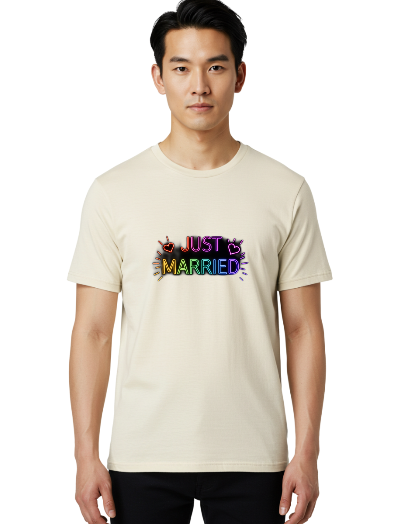 Just-Married-1 Men'S Graphic Tee, 100% Cotton, Comfortable Casual Summer Wear, Machine Washable, Neon Just Married Sign, Colorful Hearts, Rainbow Colors, Love Symbol, Wedding Decoration, Couple Goals, Romantic Gesture, Glowing Text, Baa883