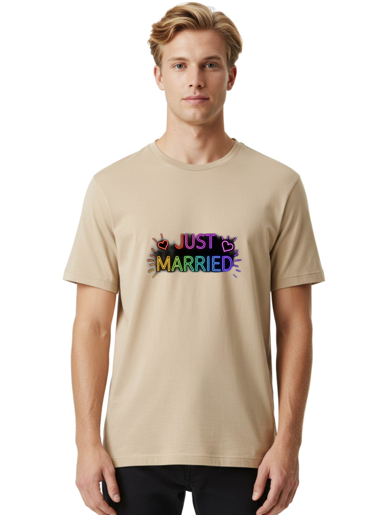 Just-Married-1 Men'S Graphic Tee, 100% Cotton, Comfortable Casual Summer Wear, Machine Washable, Neon Just Married Sign, Colorful Hearts, Rainbow Colors, Love Symbol, Wedding Decoration, Couple Goals, Romantic Gesture, Glowing Text, Baa883