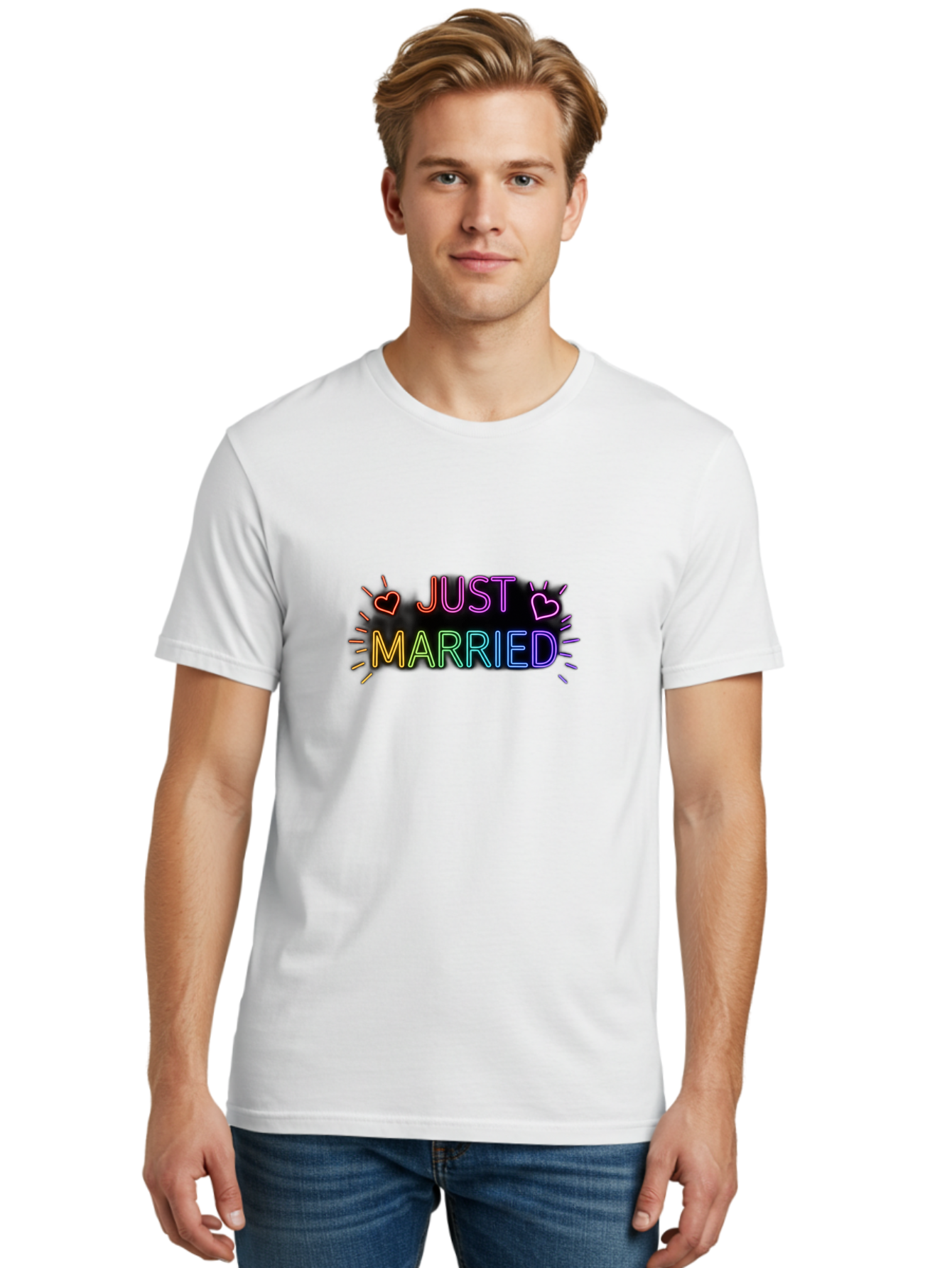 Just-Married-1 Men'S Graphic Tee, 100% Cotton, Comfortable Casual Summer Wear, Machine Washable, Neon Just Married Sign, Colorful Hearts, Rainbow Colors, Love Symbol, Wedding Decoration, Couple Goals, Romantic Gesture, Glowing Text, Baa883
