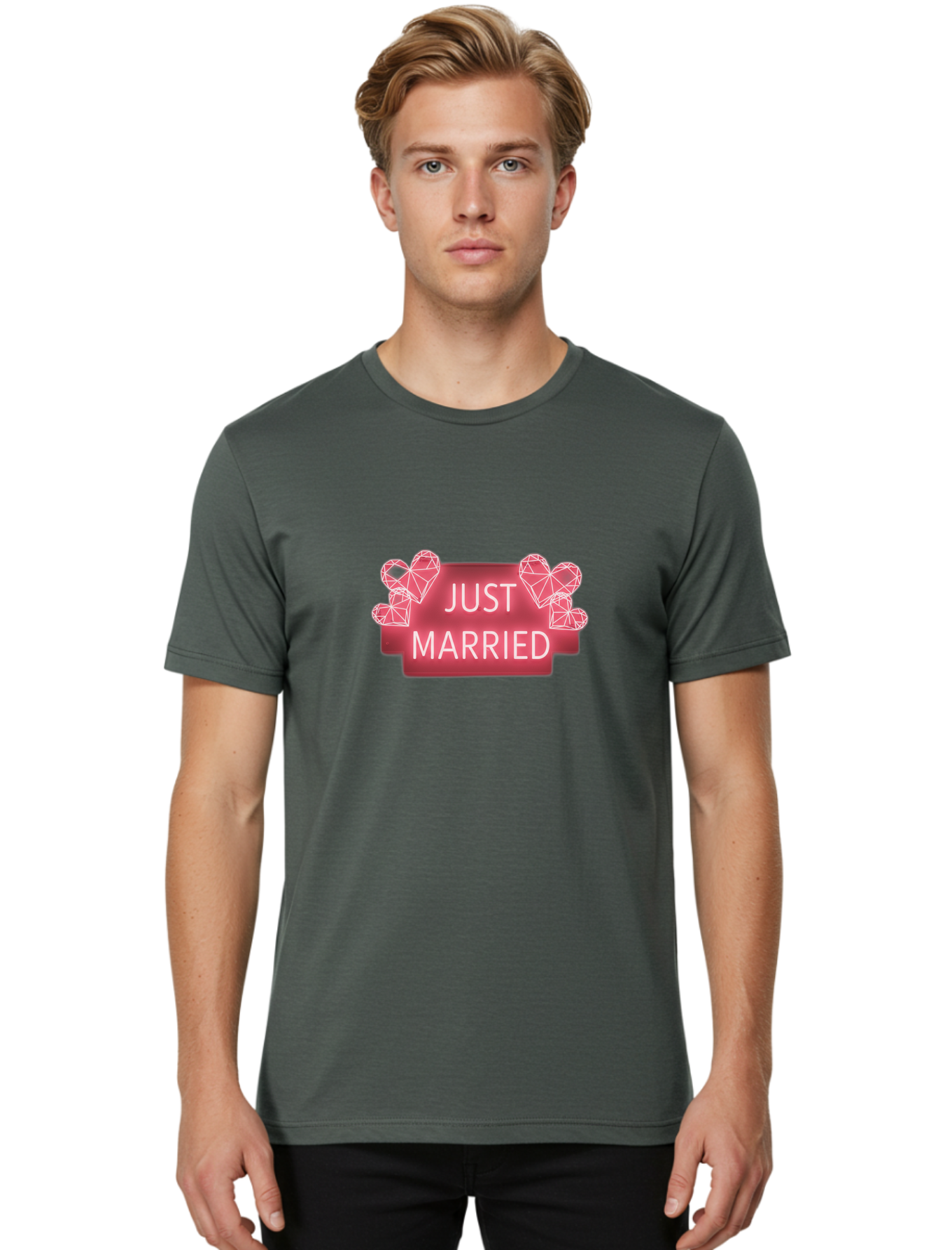 Just-Married-10 Men'S Graphic Tee, 100% Cotton, Comfortable Casual Summer Wear, Machine Washable, Just Married Sign, Wedding Decoration, Love Hearts, Neon Sign, Pink Hearts, Wedding Celebration, Geometric Hearts, Festive Decoration, Baa884