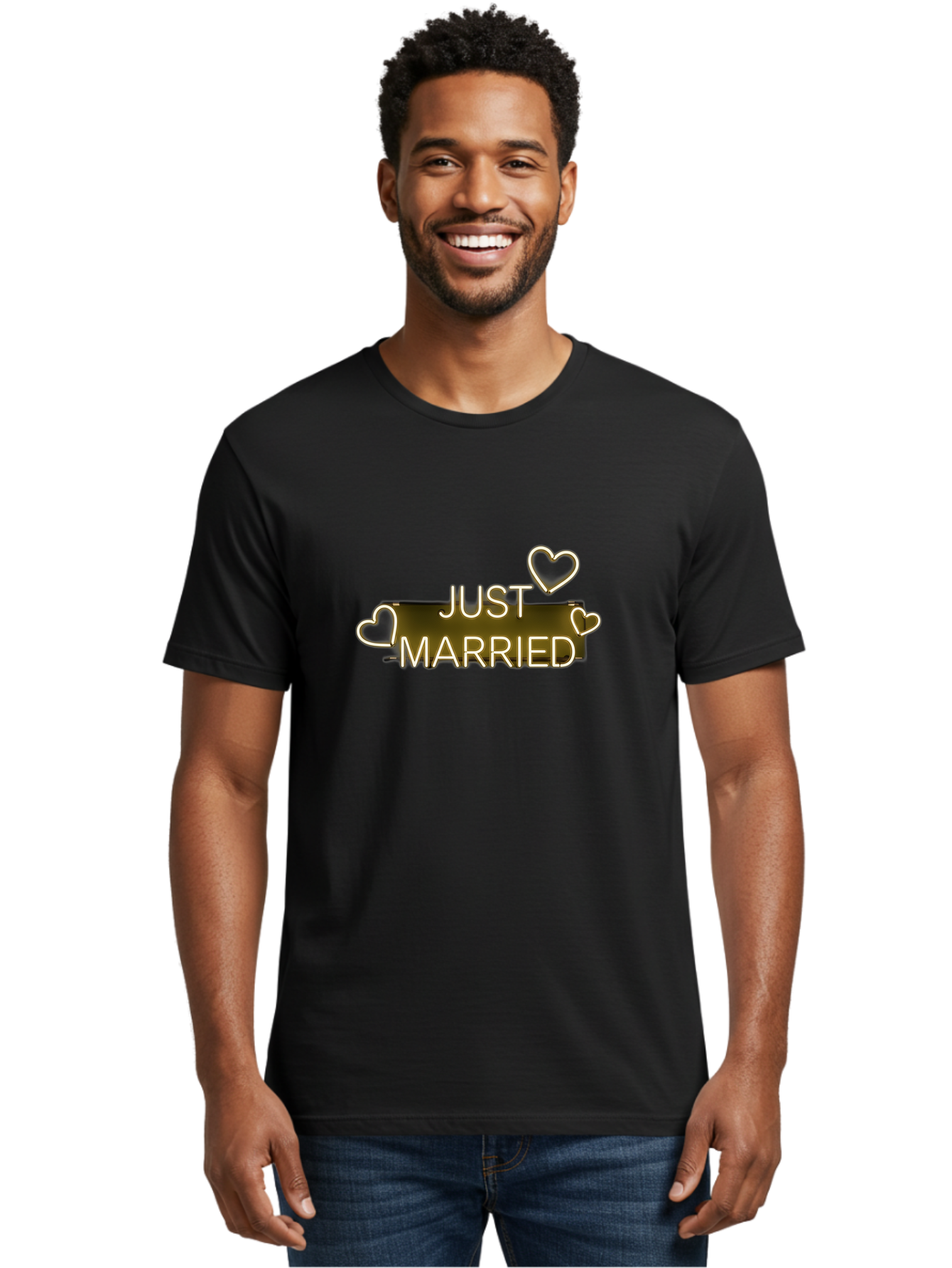 Just-Married-11 Men'S Graphic Tee, 100% Cotton, Comfortable Casual Summer Wear, Machine Washable, Just Married, Neon Sign, Heart Shaped Lights, Wedding Decor, Love Symbol, Romantic Ambiance, Glowing Hearts, Wedding Celebration, Marriage Bliss, Baa885